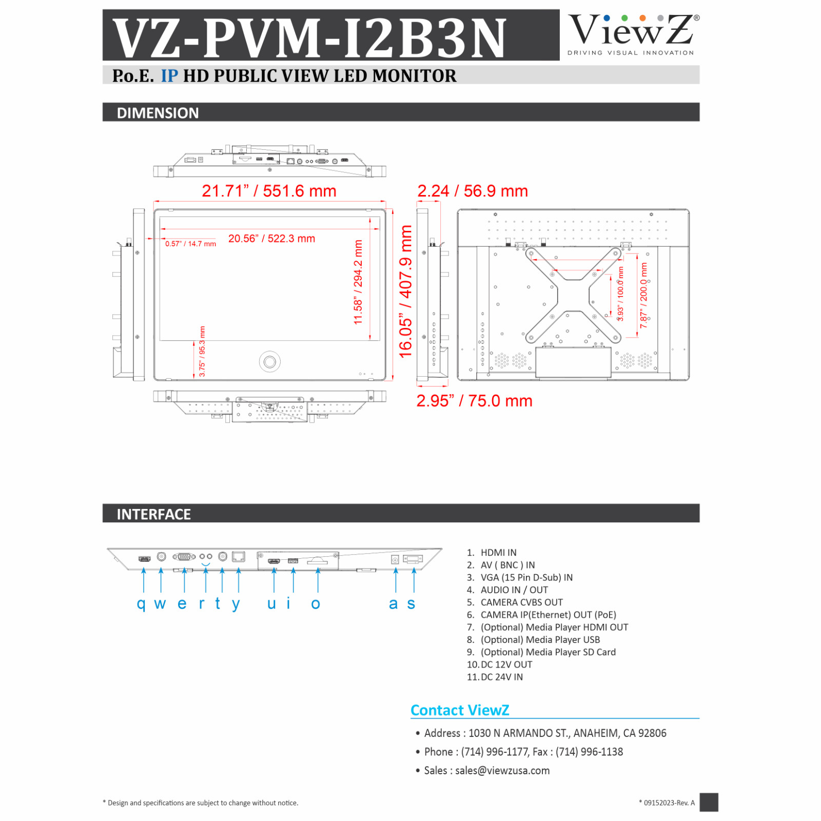 ViewZ VZ-PVM-I2B3N 23″ 1920×1080 IP PVM Based CCTV Monitor w 2MP Camera Black
