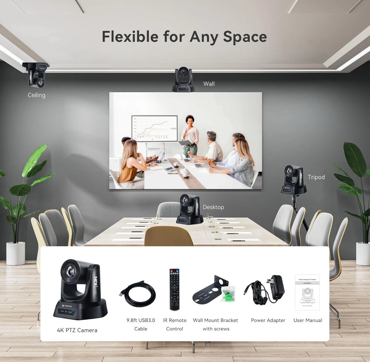 4K NDI PTZ Camera AI Auto-Tracking 20X Optical Zoom HDMI IP Live Streaming SDI U