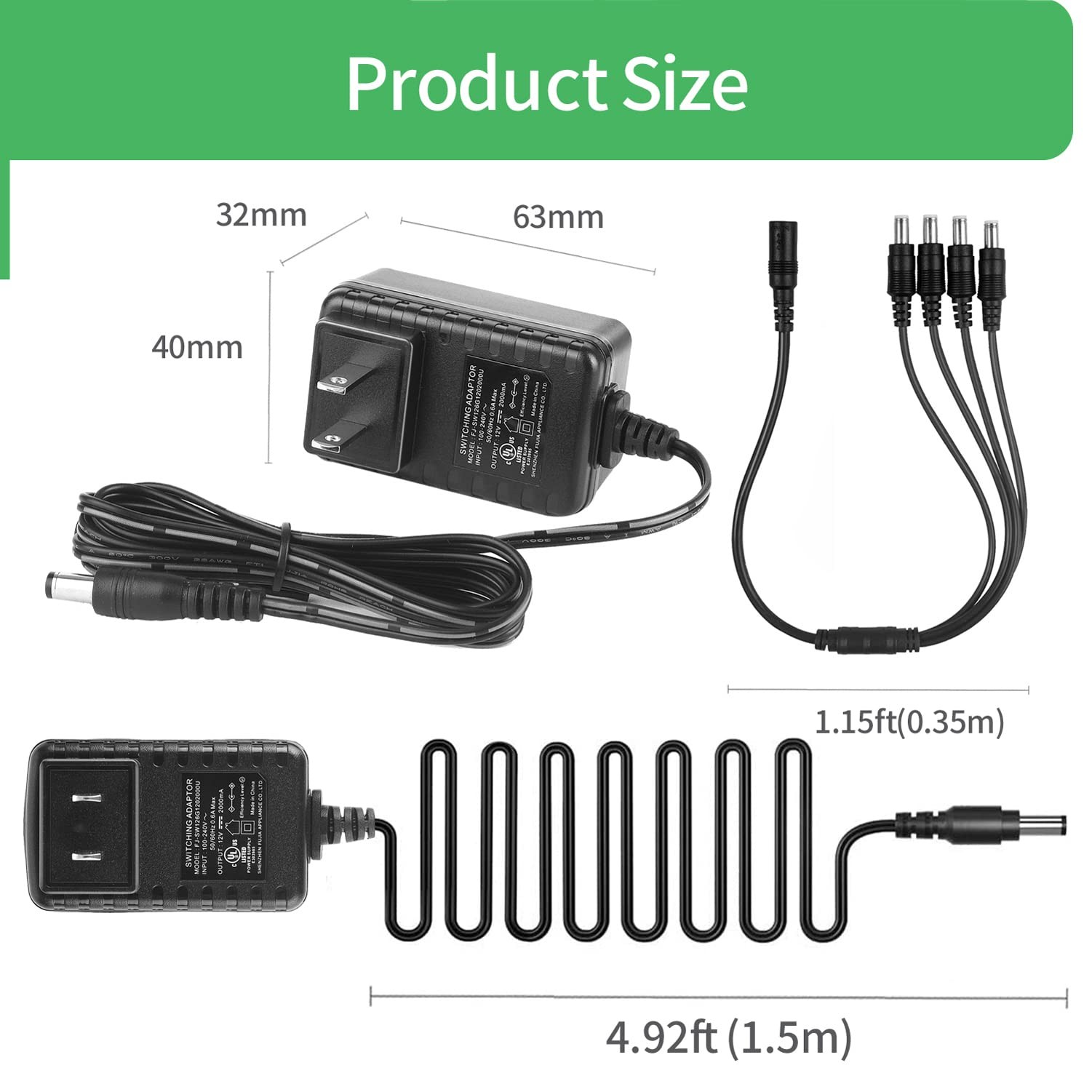 12V 2A Security Camera Power Supply, 1-Pack + Splitter, Black