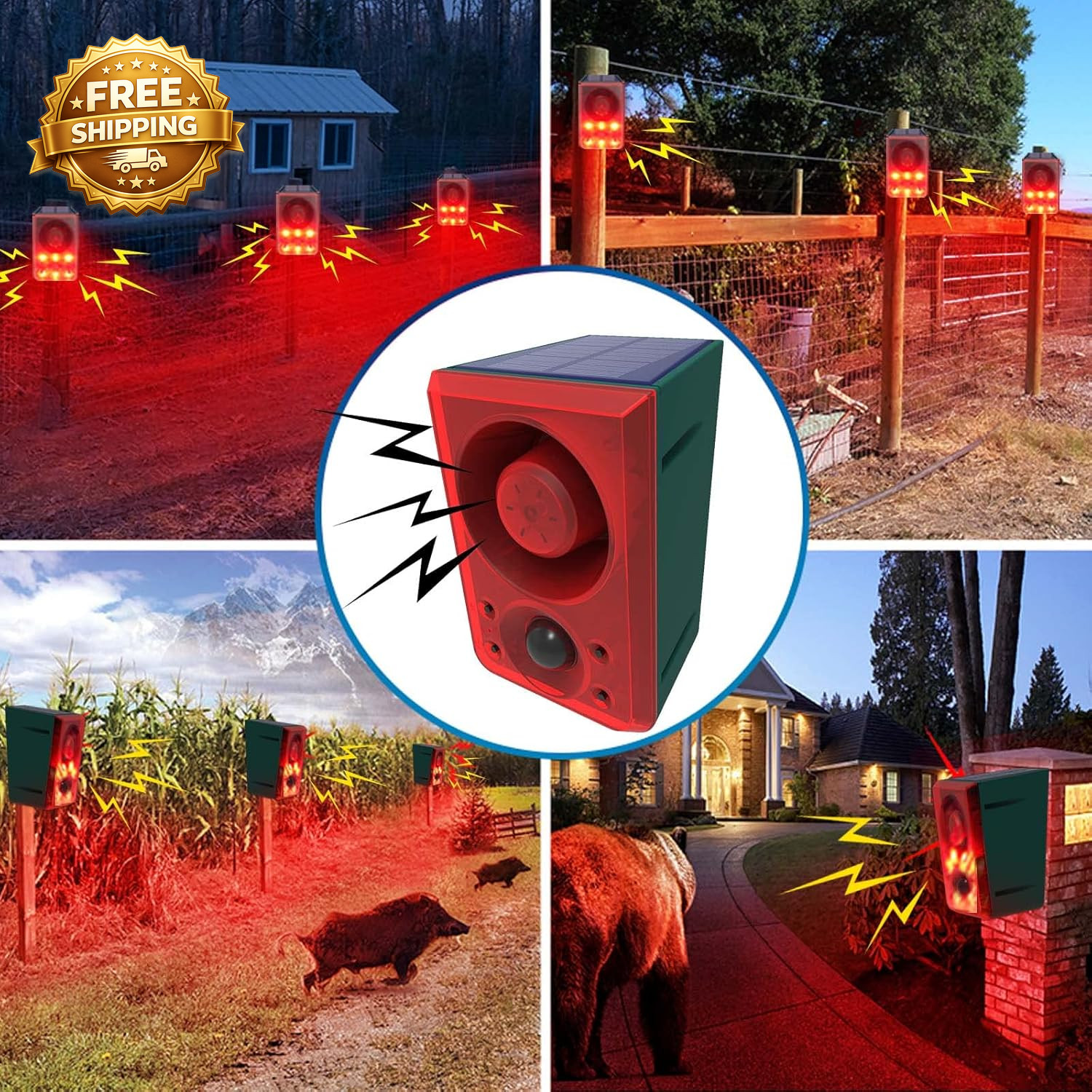 Solar Outdoor Motion Sensor Alarm Dog Barking & Gunshot Sound 130Db Motion Detec