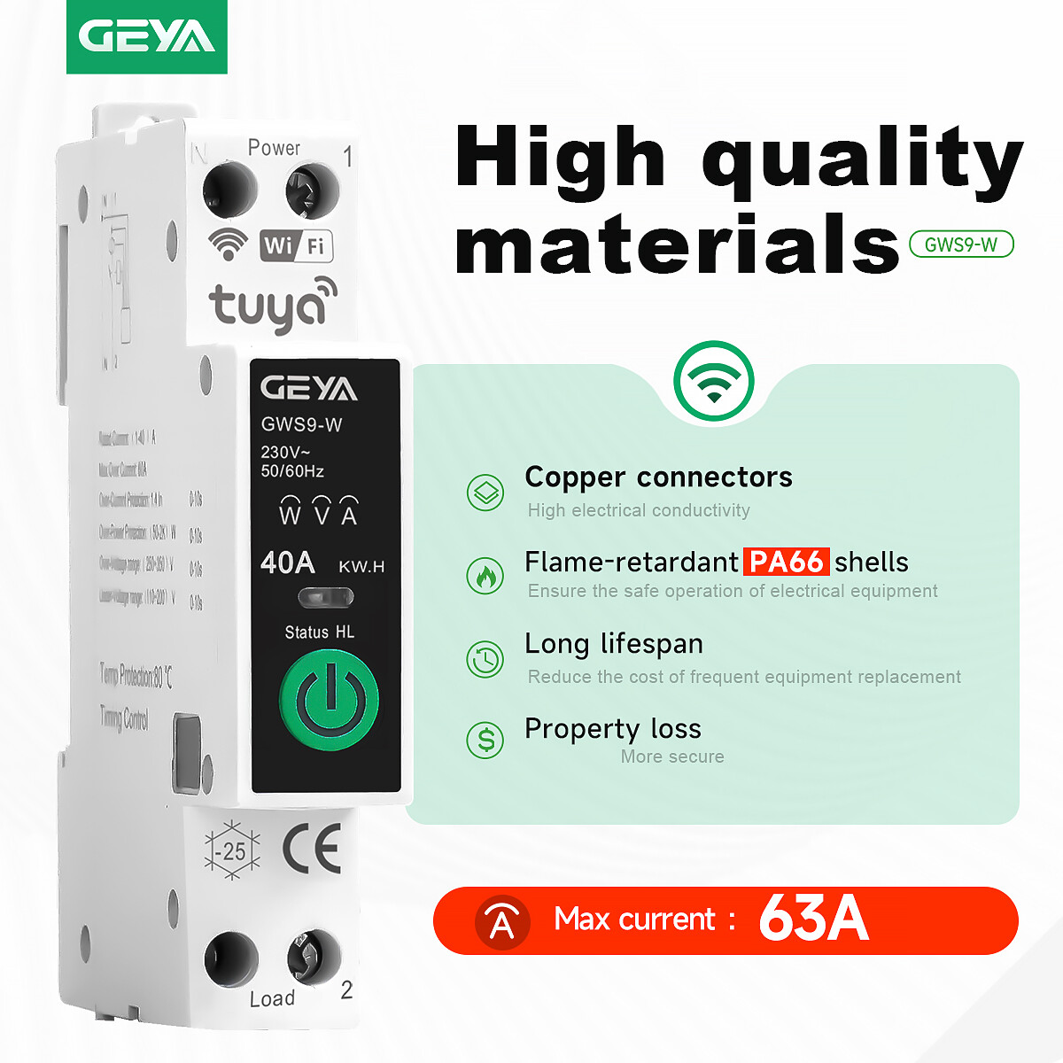GEYA Tuya WIFI Circuit Breaker MCB Digital Display Switch 1P+N 63A Metering&Rail