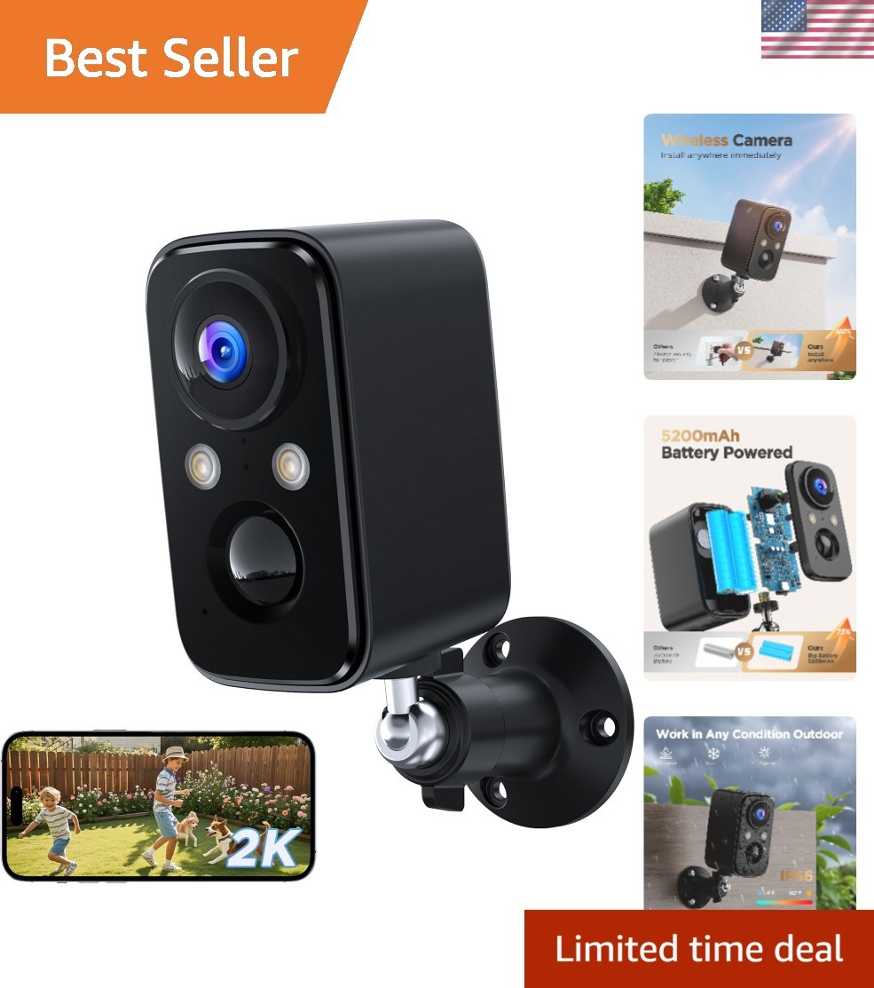 Outdoor Wireless Security Camera 2K – Battery Powered with Night Vision & Alerts