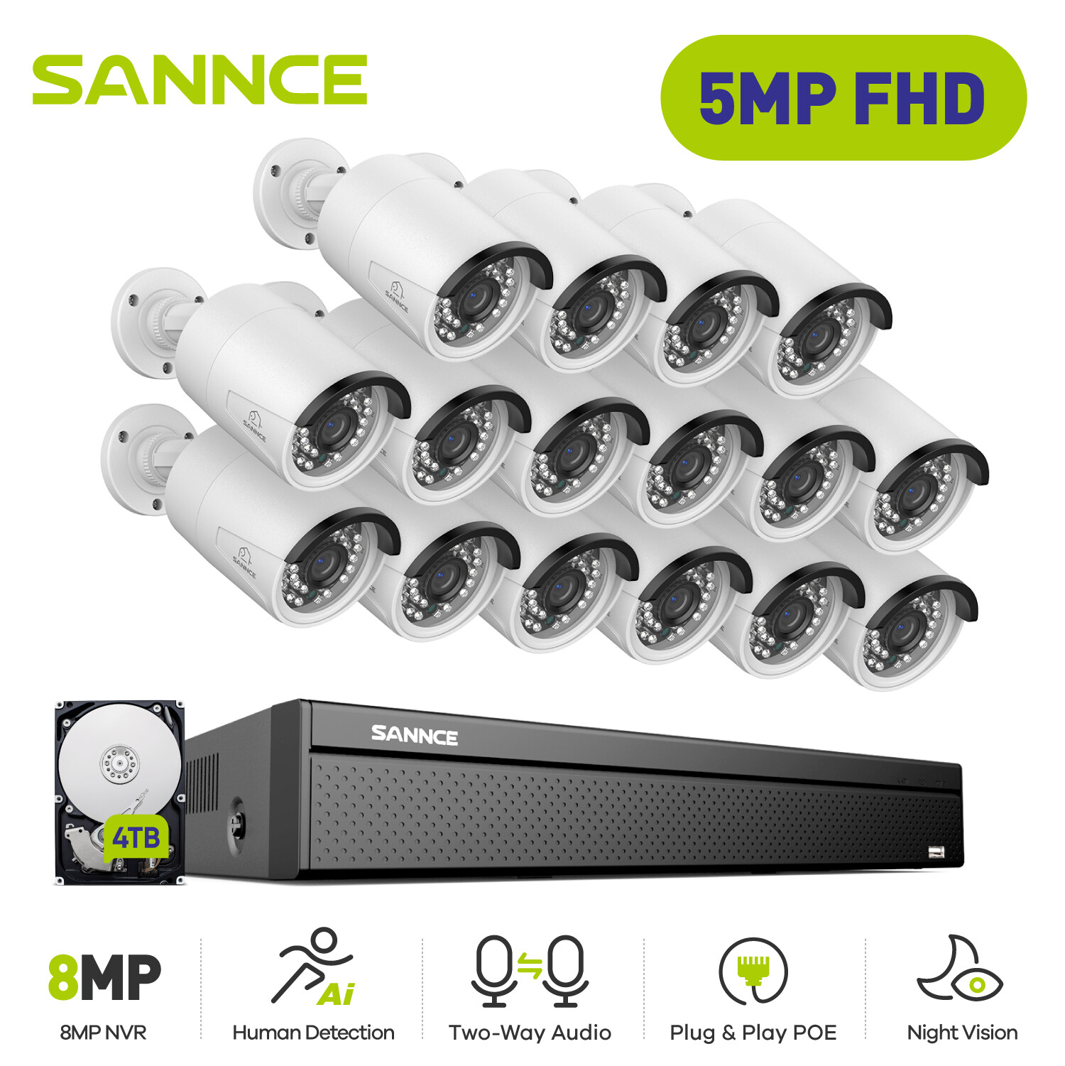 SANNCE 16CH 4K NVR 5MP POE Security Camera System 2-Way Audio AI Detection Night