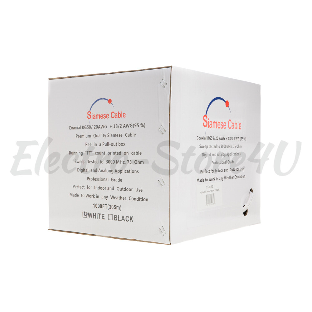 1000ft RG59 Siamese 20AWG Cable Coaxial + 18/2 Security Camera Wire – Bulk White