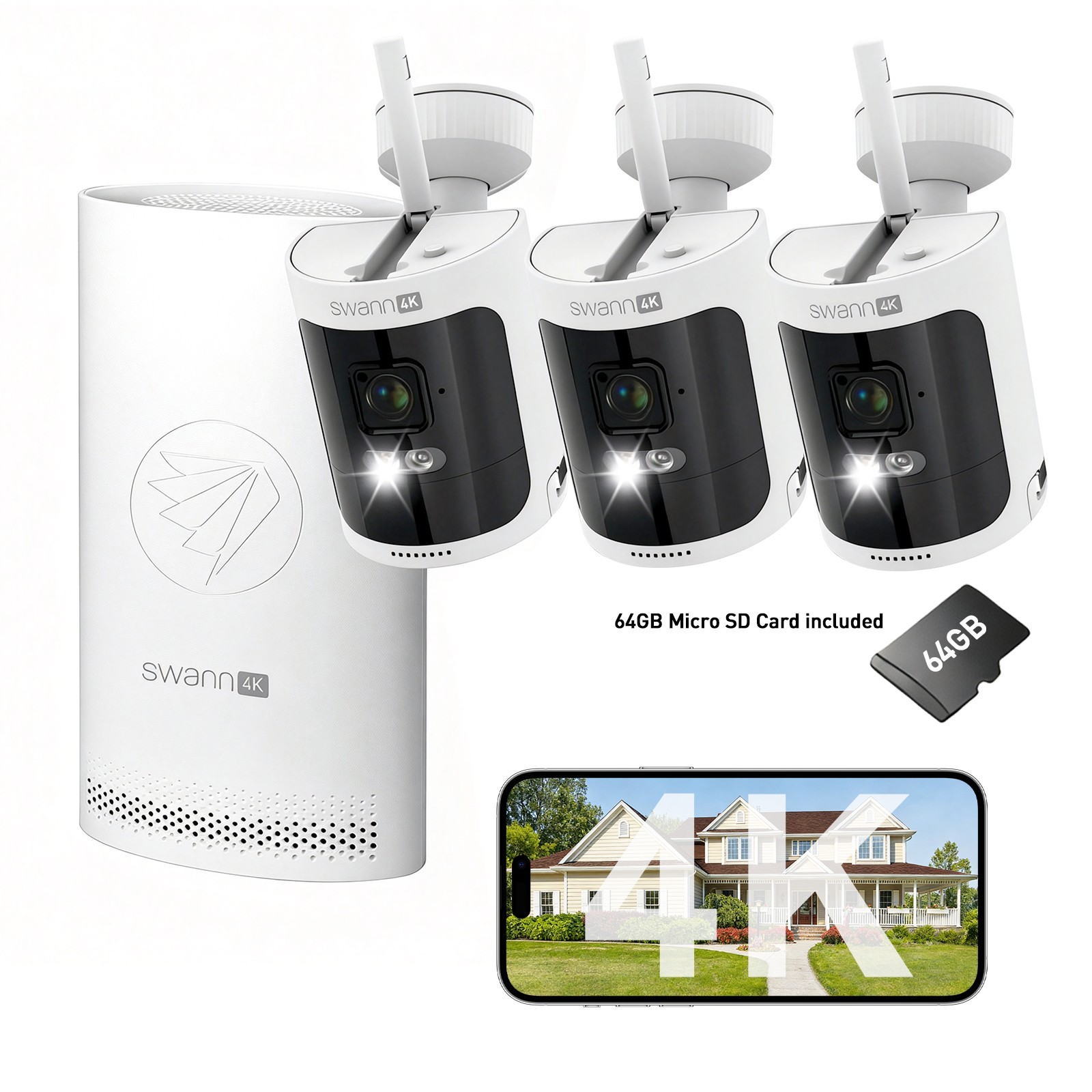 Longer charge 4K Wireless Security Kit with 3 x Wire-Free Cameras & NVR Tower