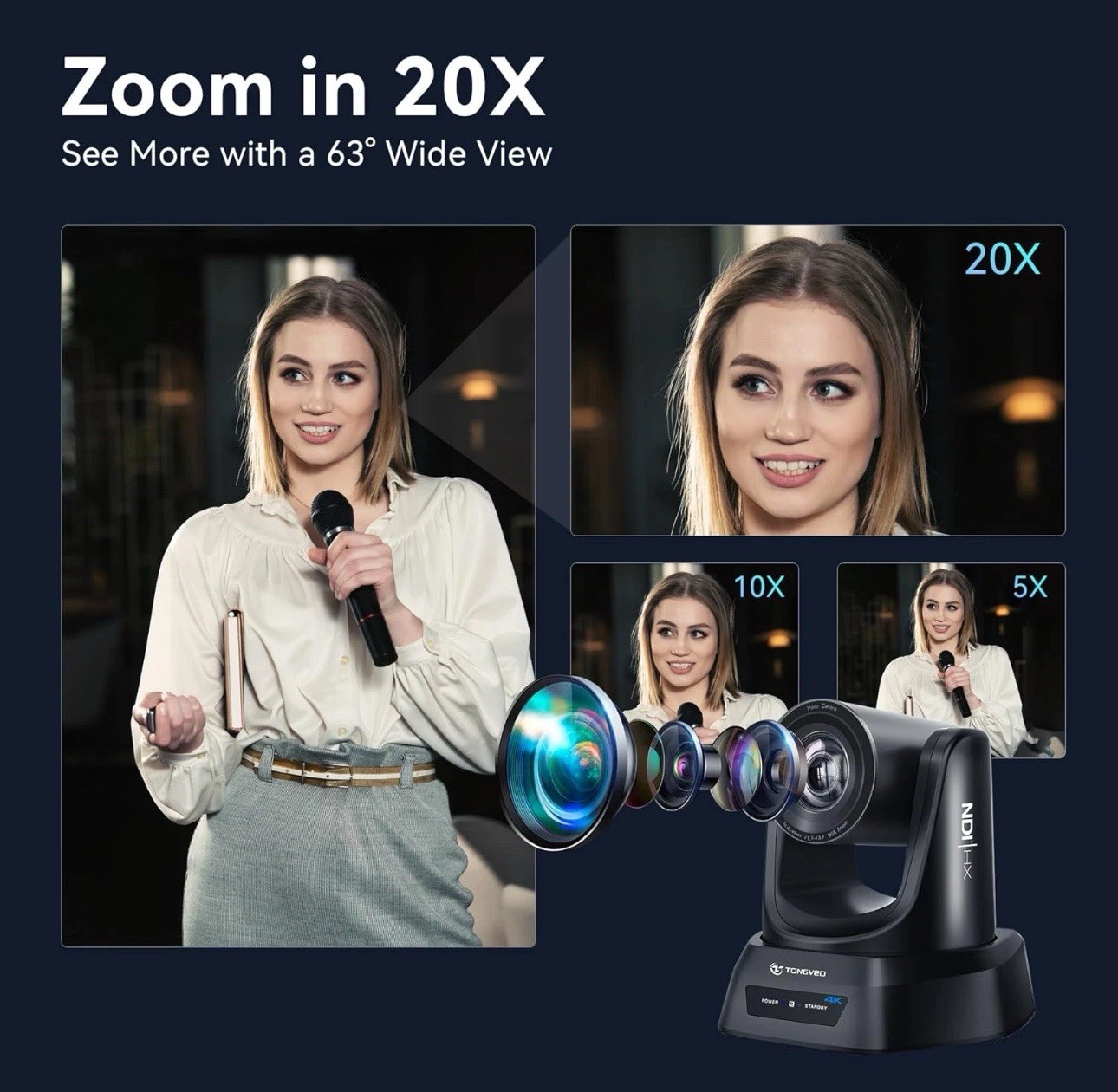 4K NDI PTZ Camera AI Auto-Tracking 20X Optical Zoom HDMI IP Live Streaming SDI U