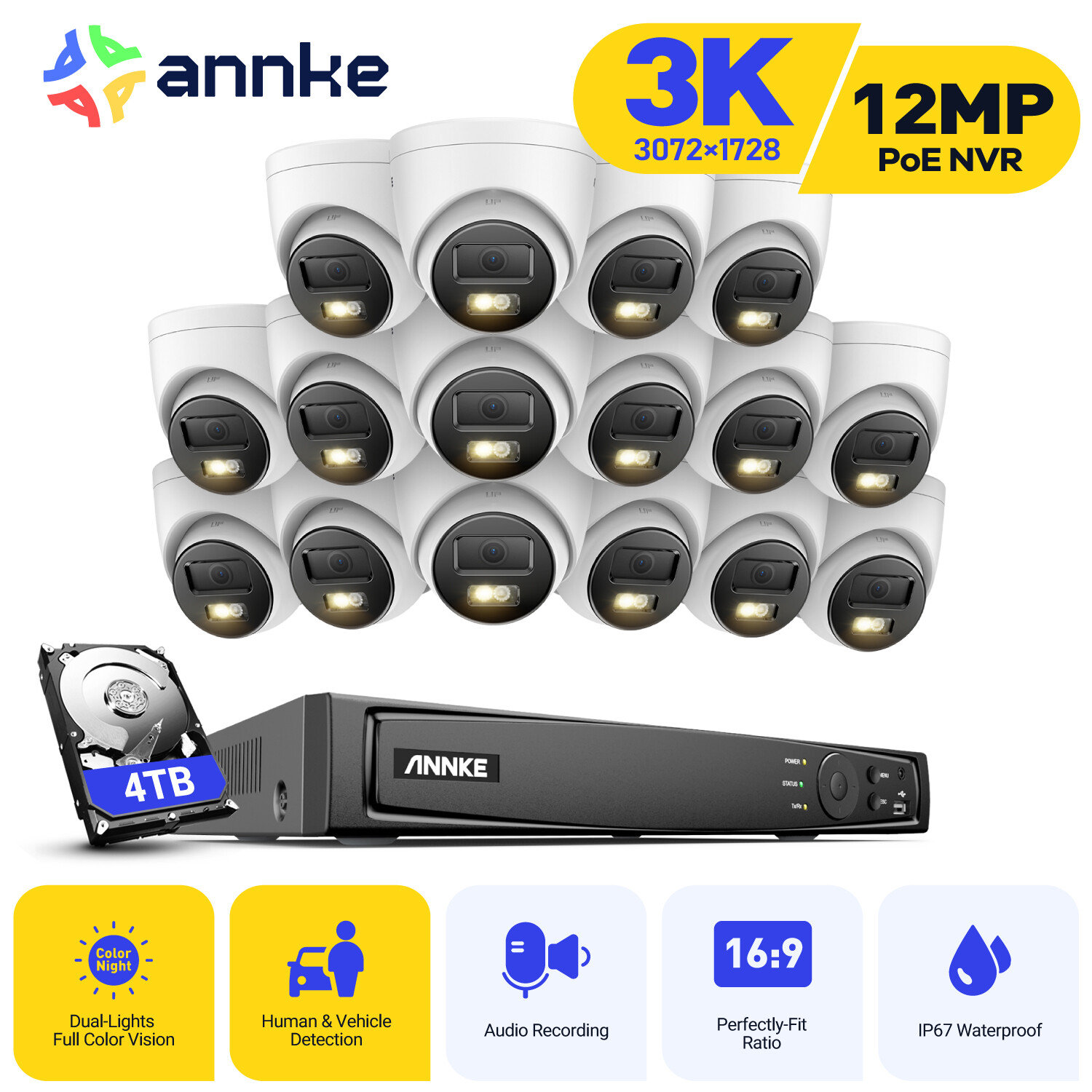 ANNKE H.265+ 16CH 12MP POE NVR 5MP Audio Security Camera System Full Color Night