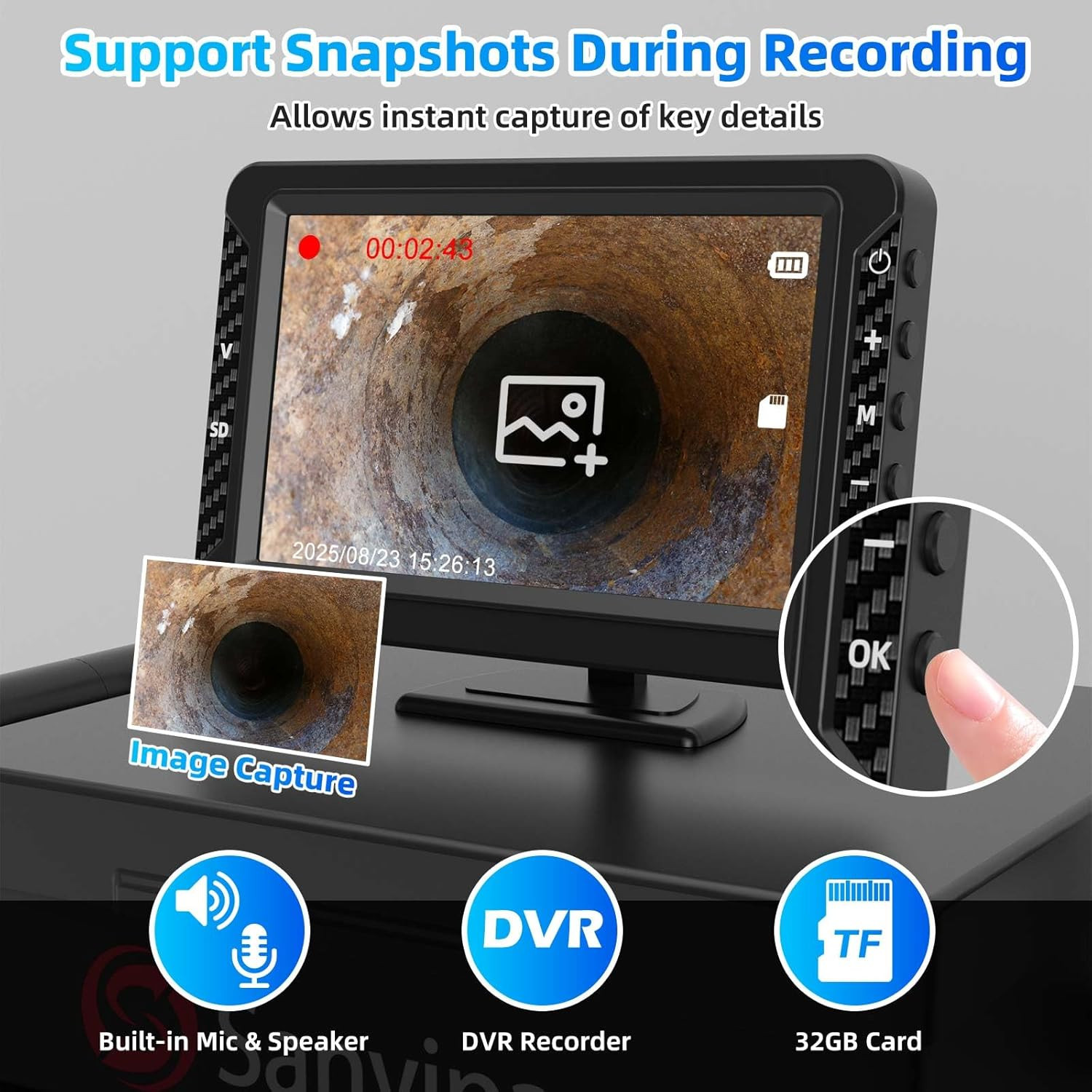 100FT Sewer Camera, 5″ HD Display, 8 LED Lights, Waterproof, 32GB Card