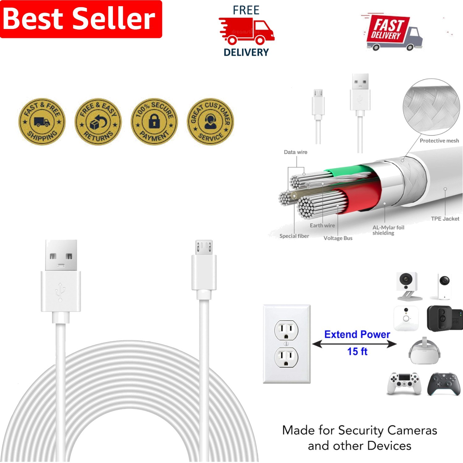 15ft Weatherproof Micro USB Power Extension Cable for Wyze Cam & Smart Devices