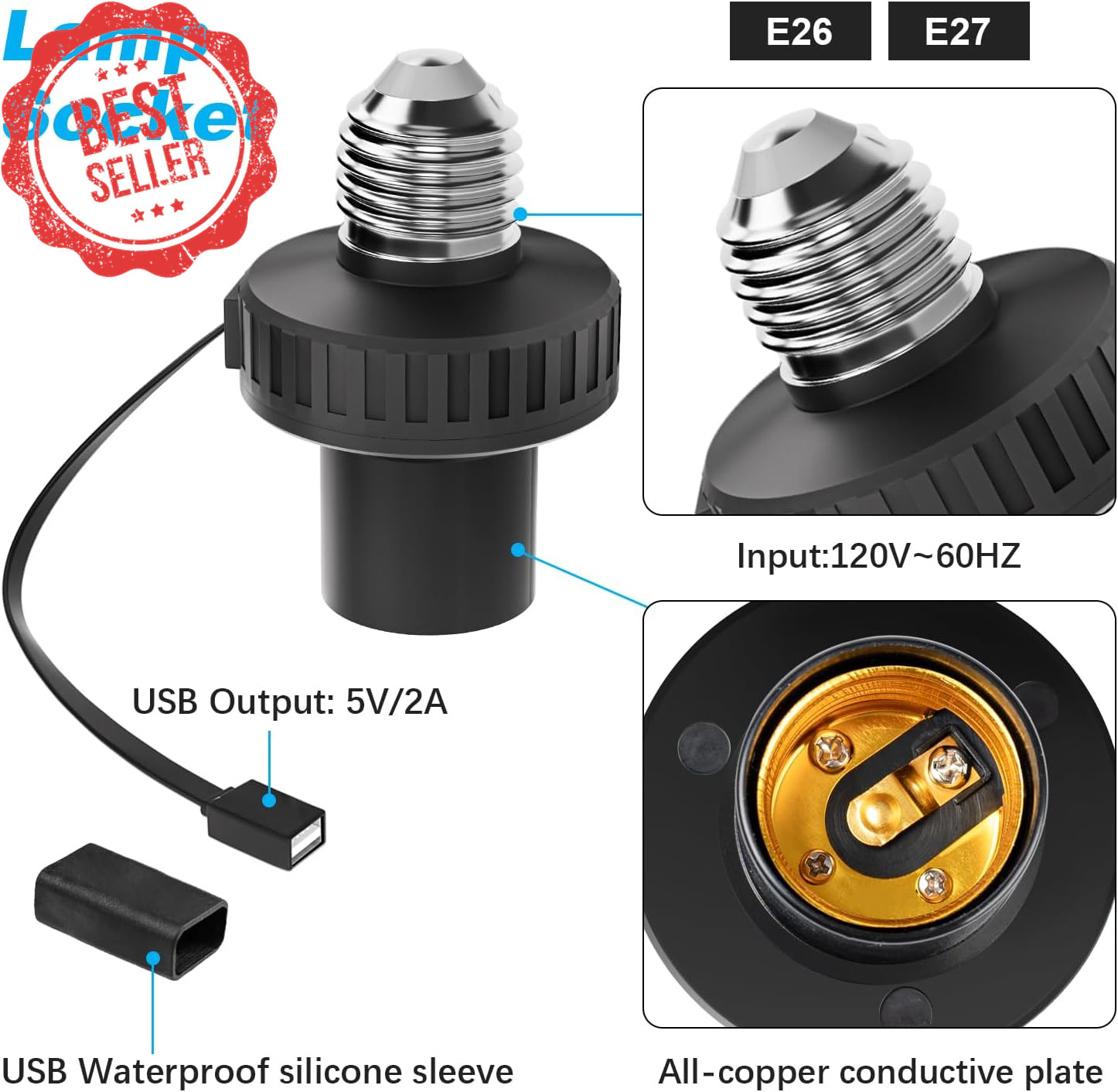 2 Pack Lamp Socket USB Power Adapter for Wyze Cam V3 V4 Pan E26 5V 2A Black