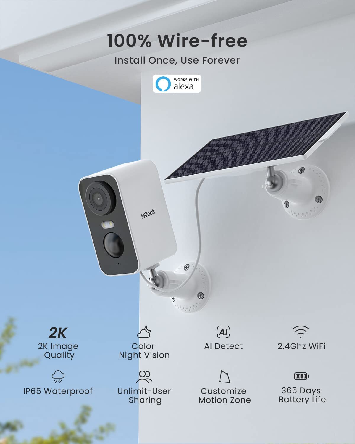 ieGeek Outdoor 2K Solar Security Camera 3MP Wireless Battery Powered CCTV System