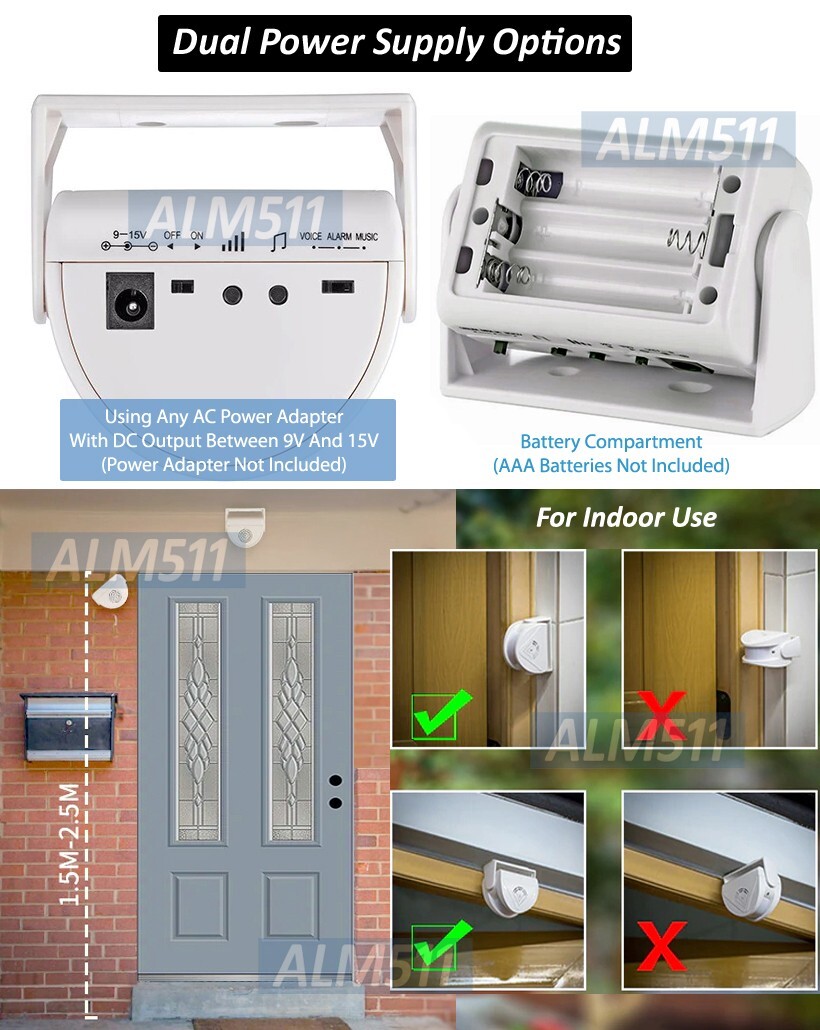 Mini Motion Sensor Alarm Door Chime For Entrance Alert DC Or Battery Operated