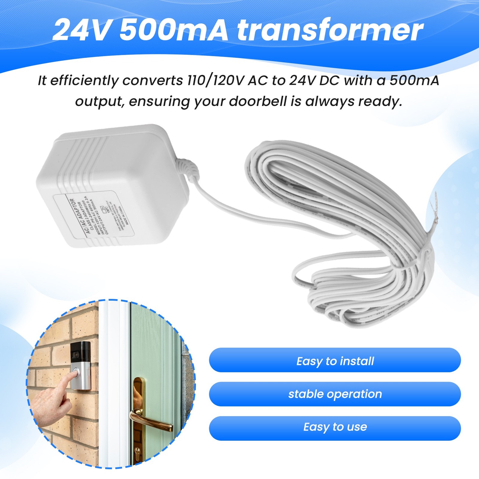 Doorbell Transformer 24V Adapter for Video Doorbell, 16.4ft Long C Wire 2699