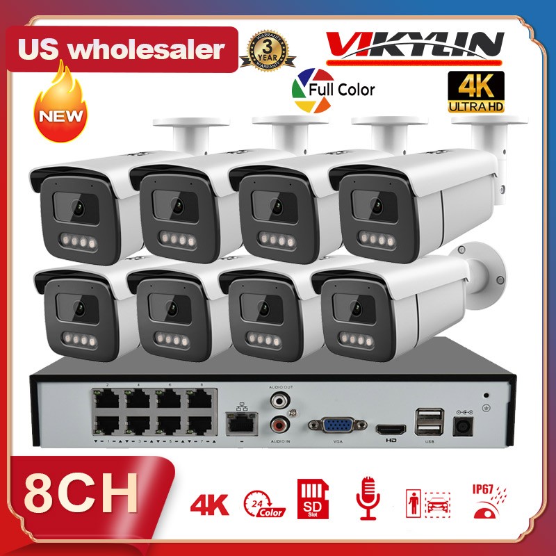 VIKYLIN 4K 8CH 8POE NVR CCTV System 8MP Full Color Security Bullet IP Camera Lot