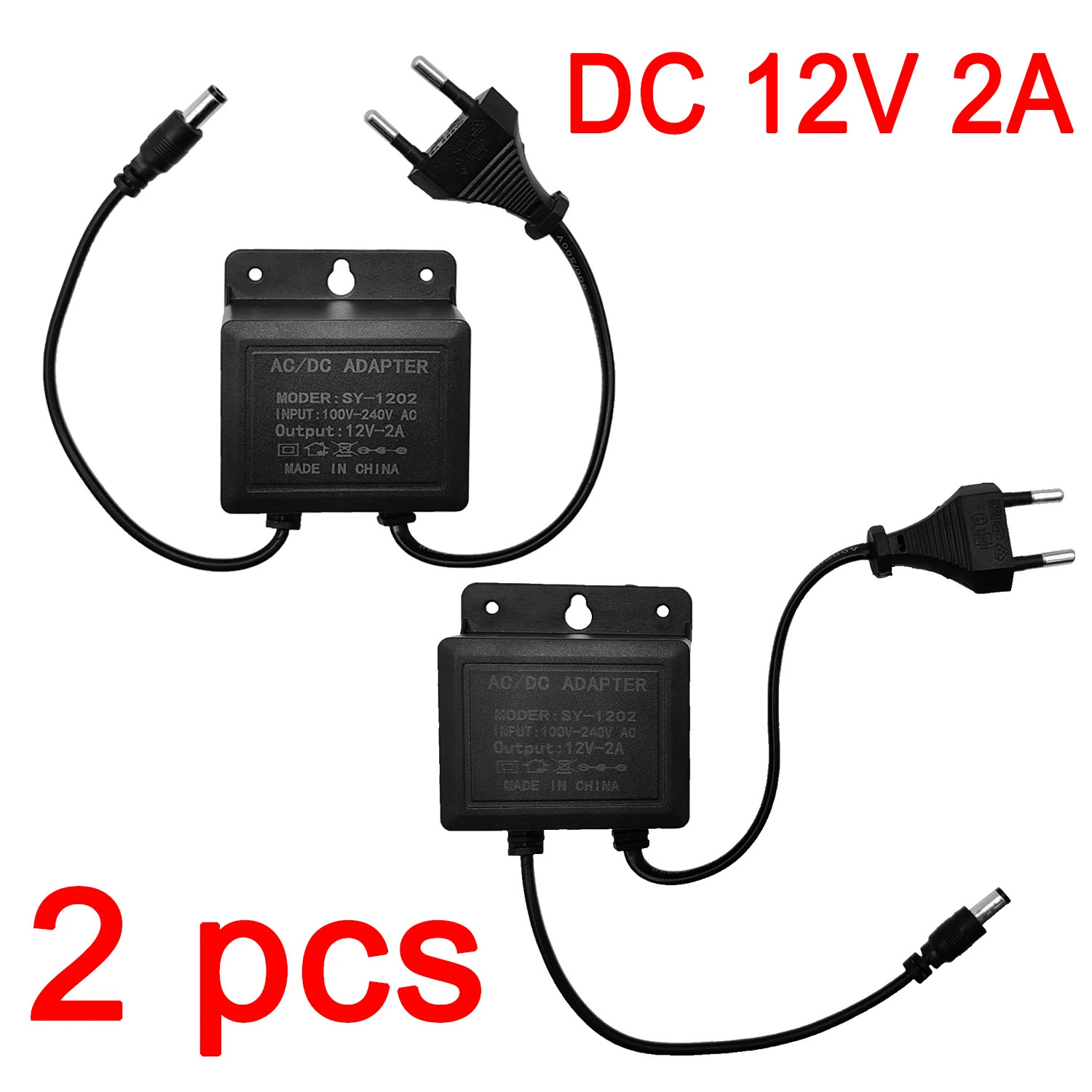 2Pcs DC12V 2A EU Plug Power Adapter Waterproof Black for CCTV Security Surveilla