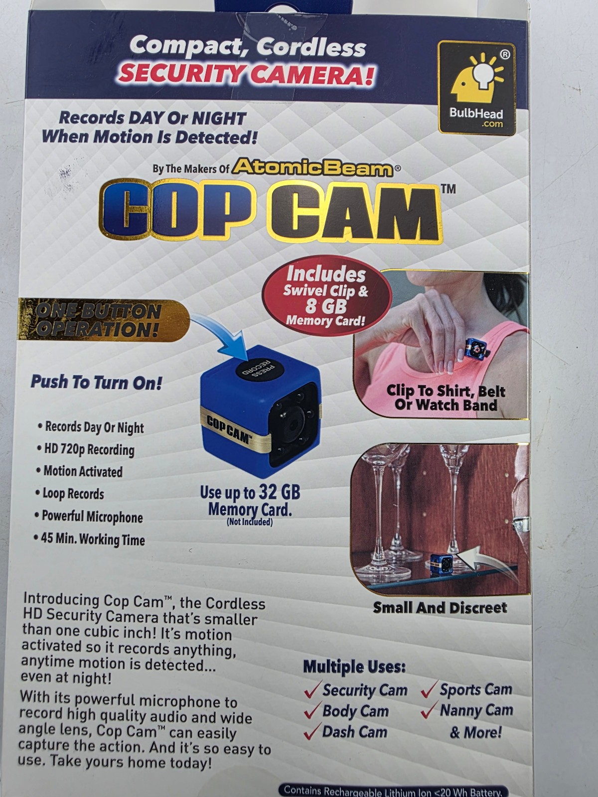 Atomic Beam Cop USB Cam Motion Activated 720p Wi-Fi IP Camera Blue 8GB microSD