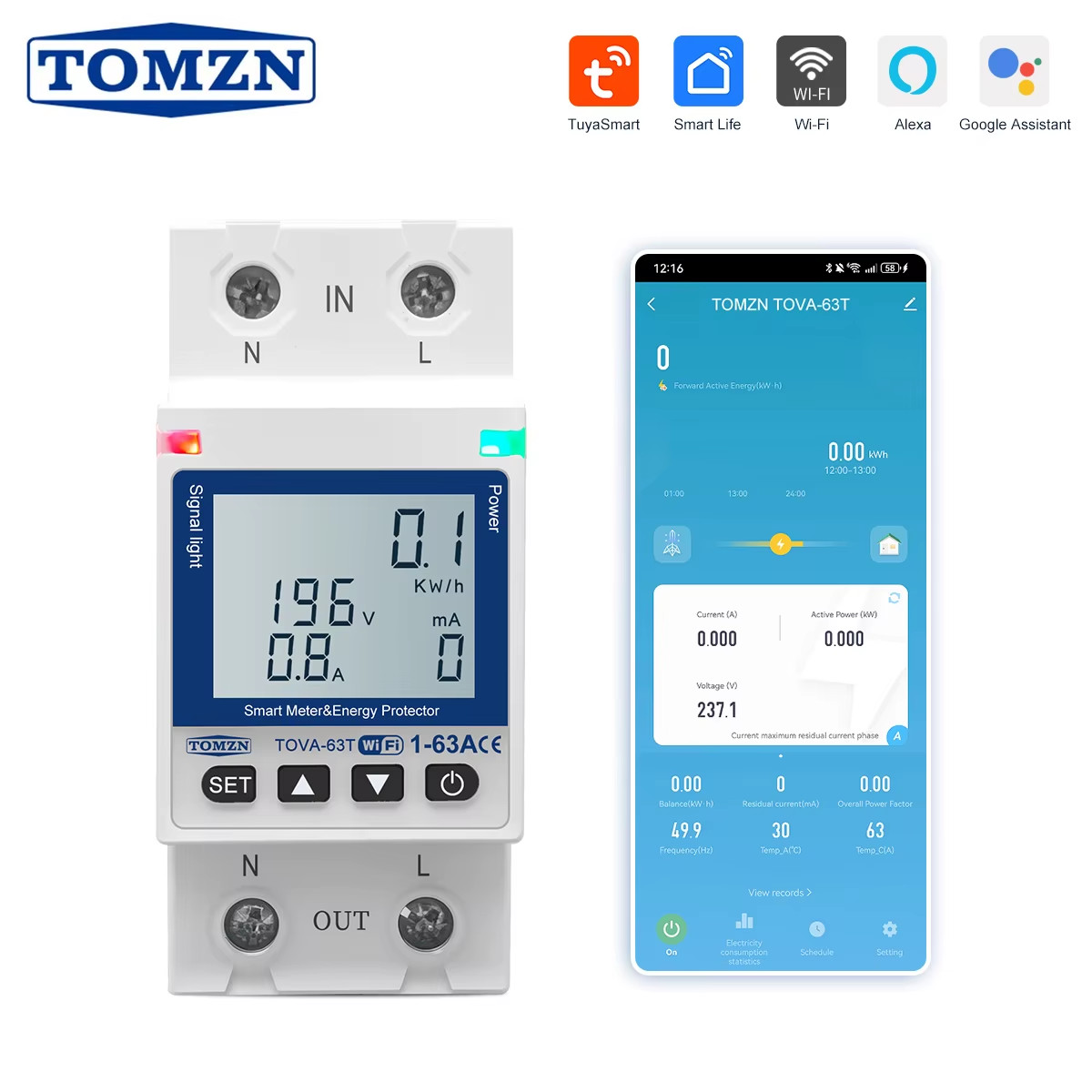 WIFI 110V 220V 63A Smartlife TUYA Circuit Breaker Energy Meter Metering Timer Wi