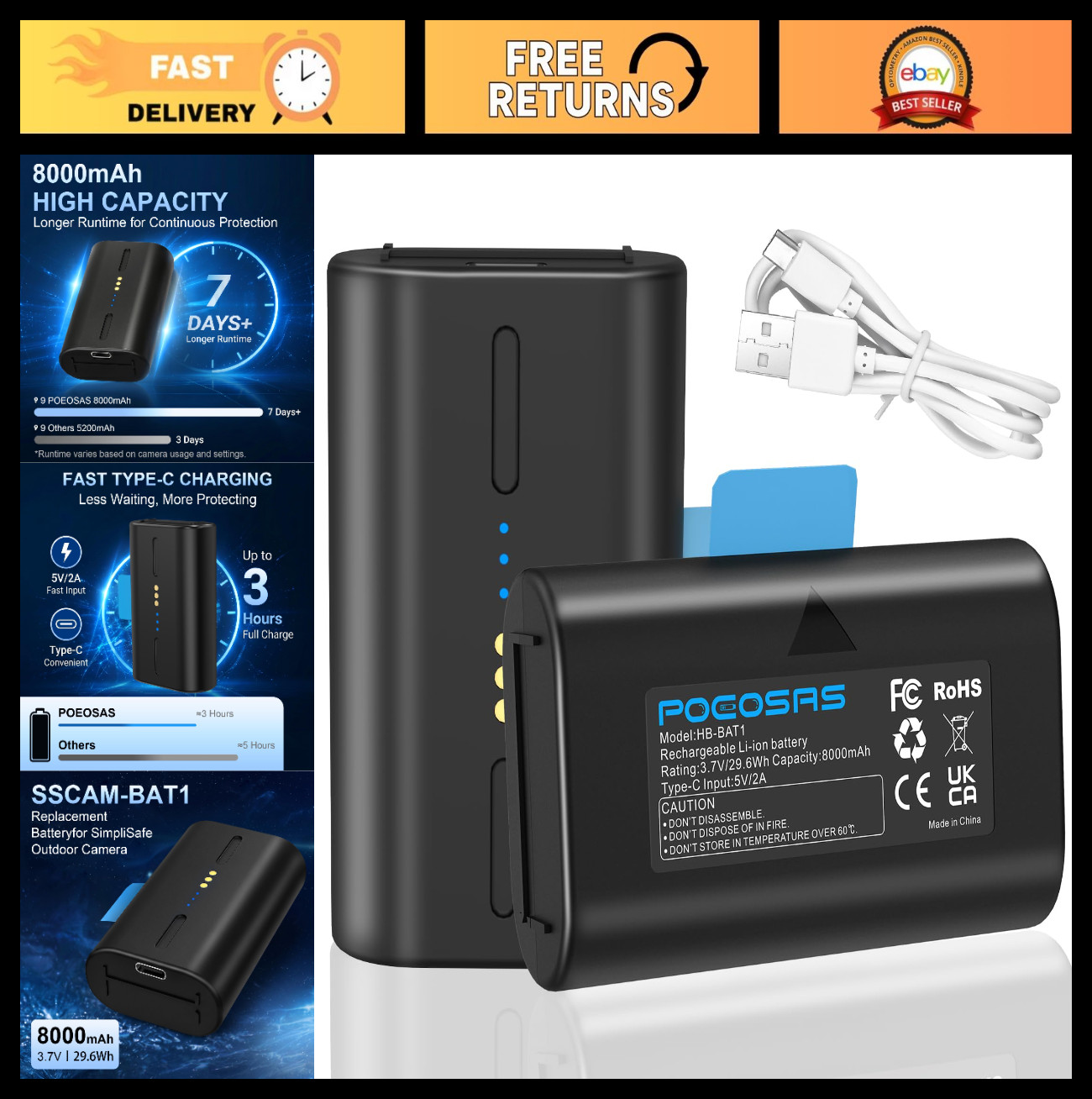 Rechargeable 8000mAh Batteries for Outdoor Security Camera, 2-Pack with USB-C Ca