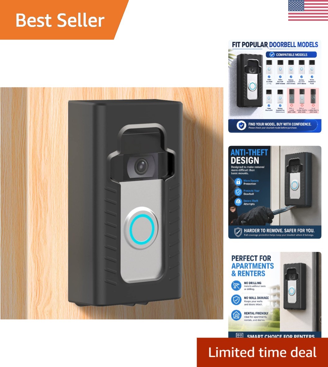 360-Degree Anti-Theft Adhesive Mount for Ring Video Doorbell – Matte Black