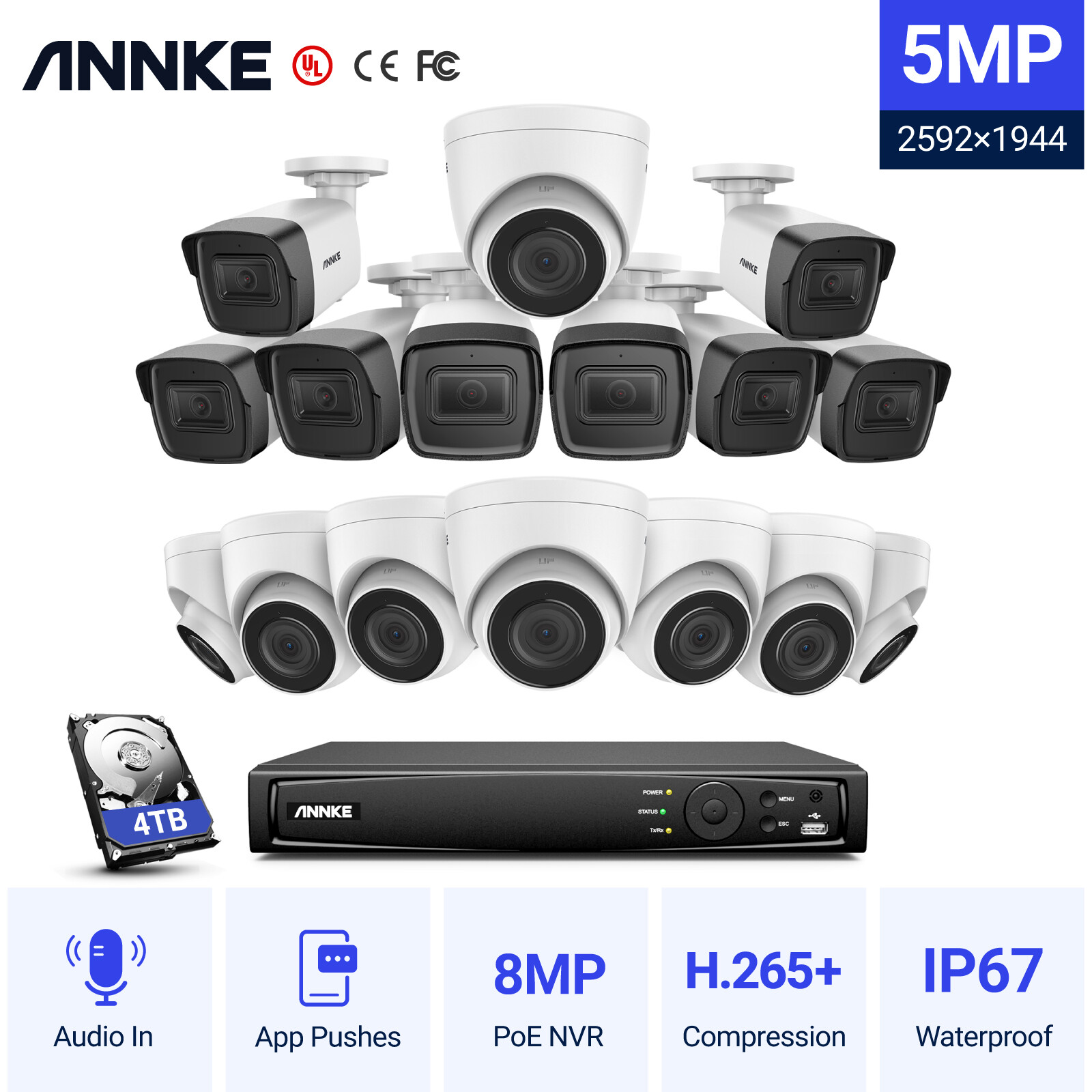 ANNKE 16CH 8MP 4K NVR 5MP POE IP Security Camera System Audio Recording Outdoor