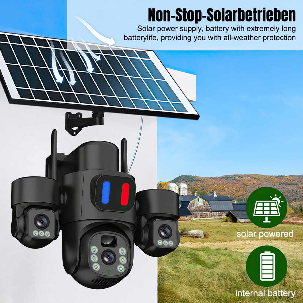 1-4Pack WiFi 6MP Solar Powered 3-Lens Security Camera FHD Surveillance Camera