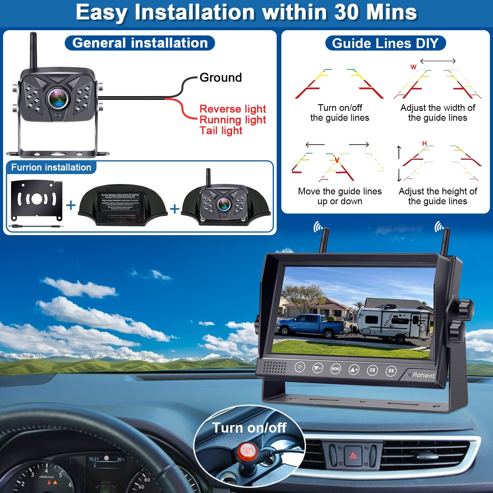 Rohent RV Backup Camera Wireless HD1080P 2 Cameras 7 Inch Monitor, 2cameras