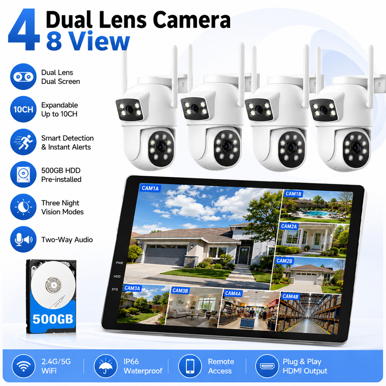 CAMCAMP Wireless Security Camera System Dual Screen 2Lens 10CH NVR Outdoor WIFI