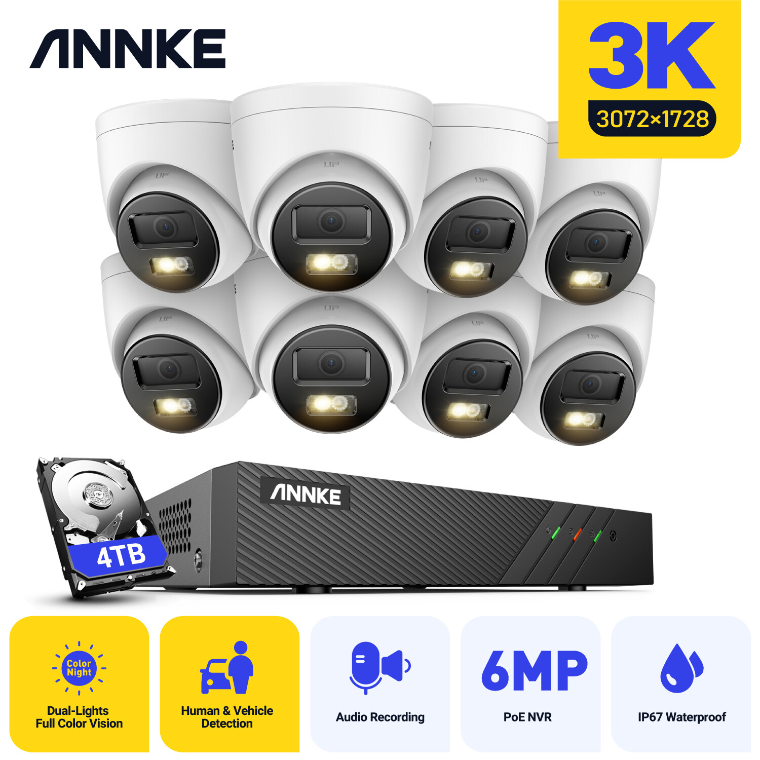 ANNKE 8CH 6MP NVR 5MP Audio Recording PoE Security Camera System Outdoor Color