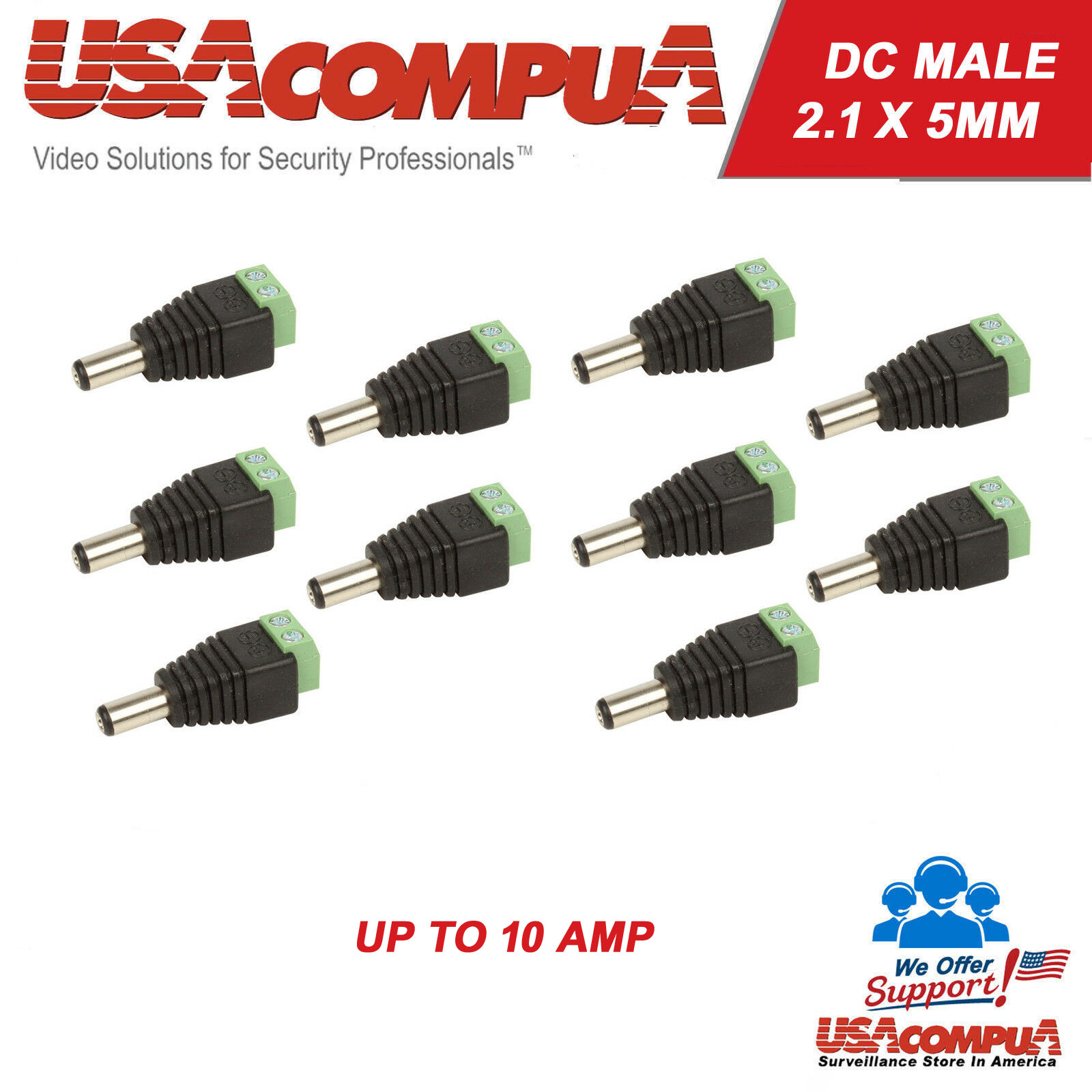 10 pcs DC Male Power Jack Connector Plug Adapter for CCTV Camera 2.1×5.6mm 10A