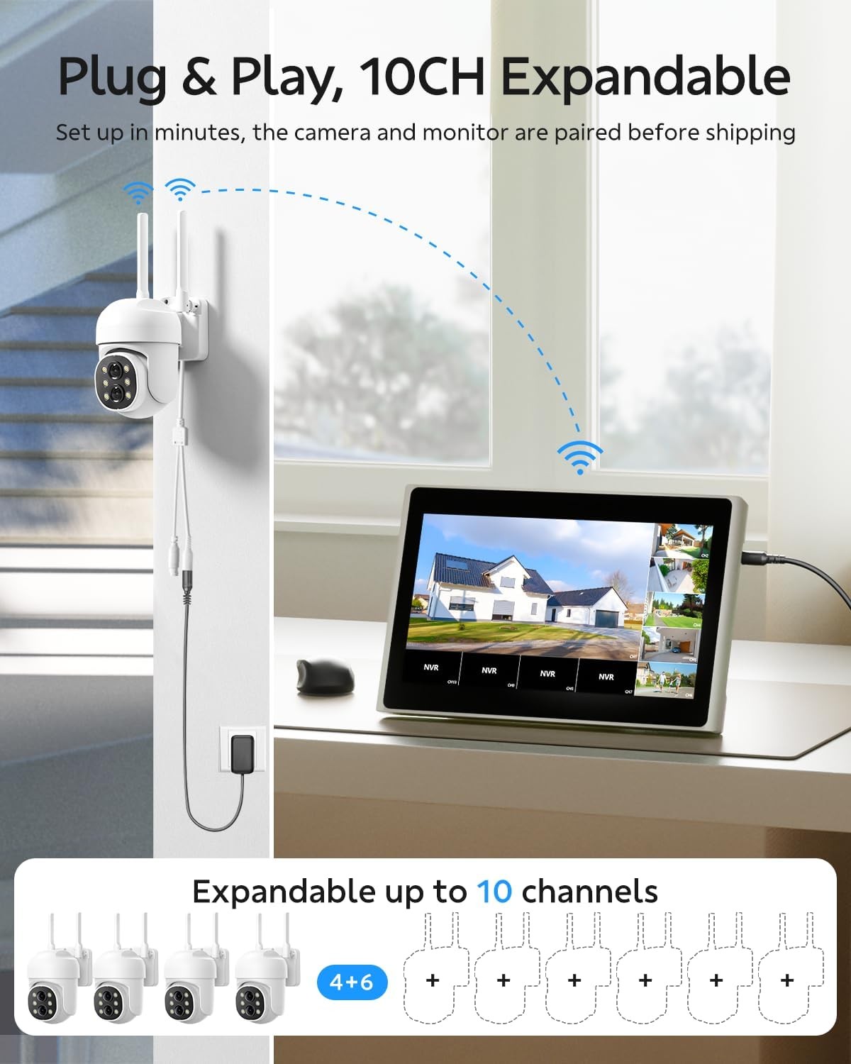 Wireless Security Camera System 10″ LCD Monitor WiFi NVR with 500GB HDD, 4xCams