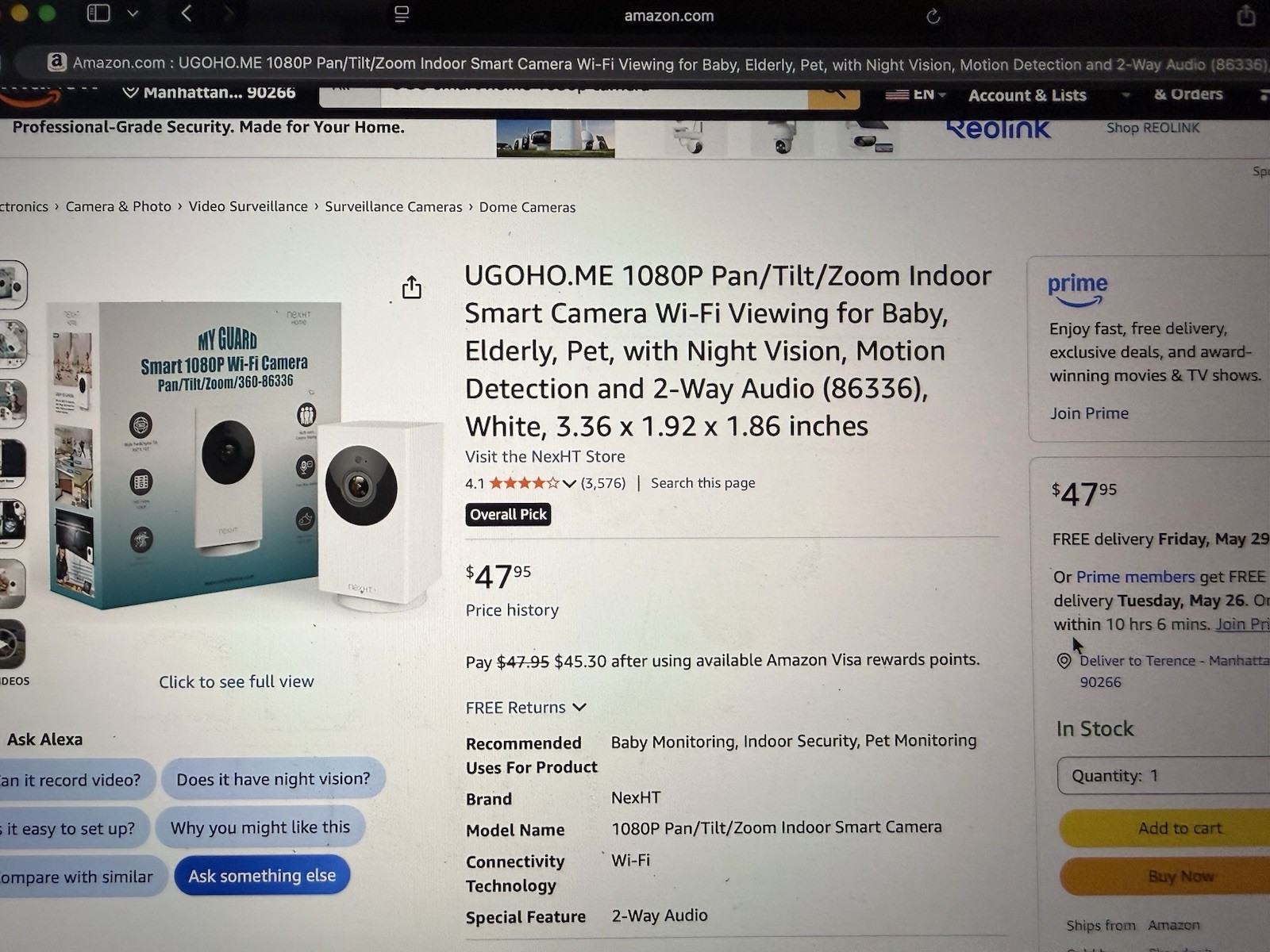 My Guard Smart 1080P Wi-Fi Camera Pan Digital Tilt and Zoom/360 Indoor