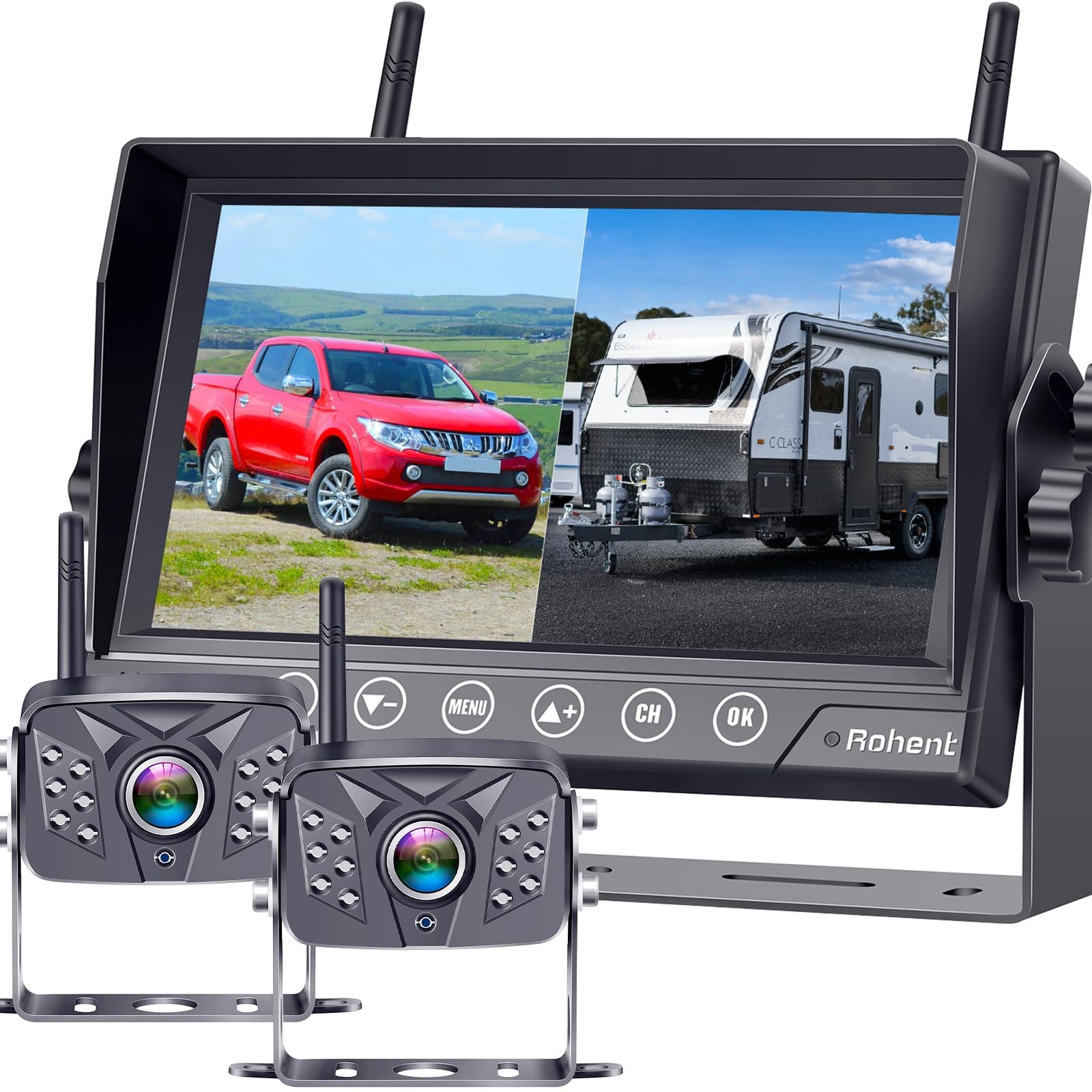 Rohent RV Backup Camera Wireless HD1080P 2 Cameras 7 Inch Monitor, 2cameras