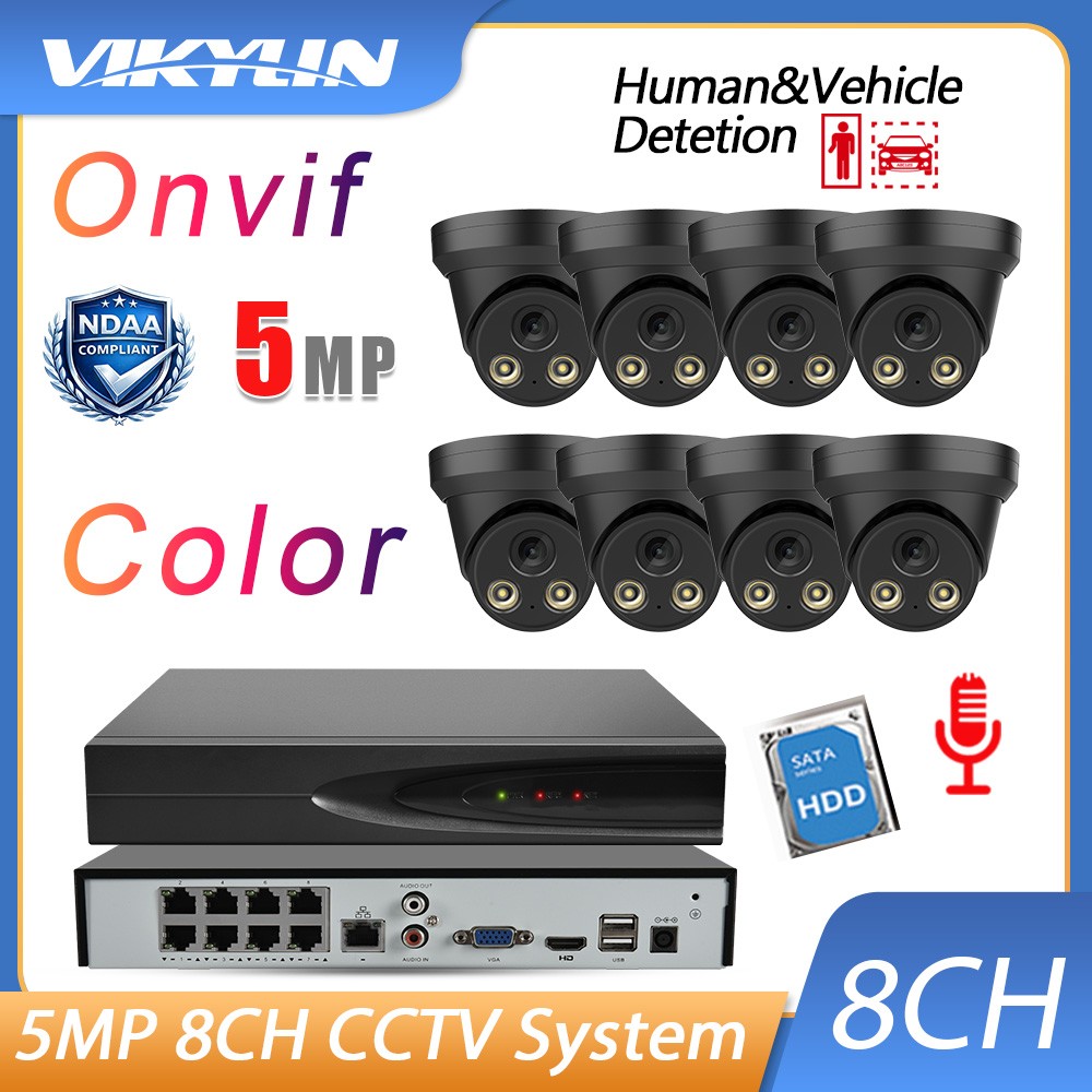 Vikylin 12MP 8CH 8POE NVR 5MP Color MIC IP Camera Outdoor Security System Lot