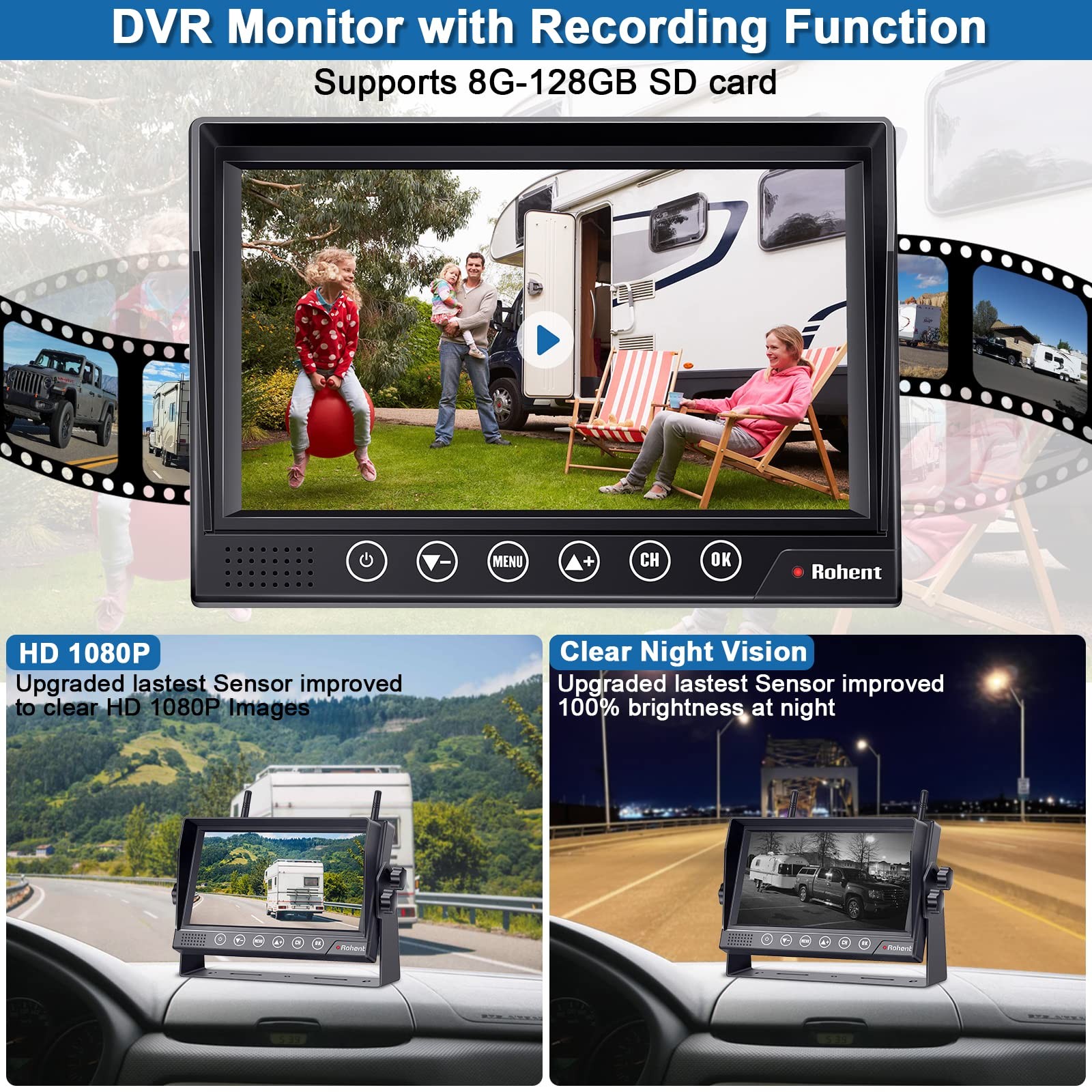 Rohent RV Backup Camera Wireless HD1080P 2 Cameras 7 Inch Monitor, 2cameras
