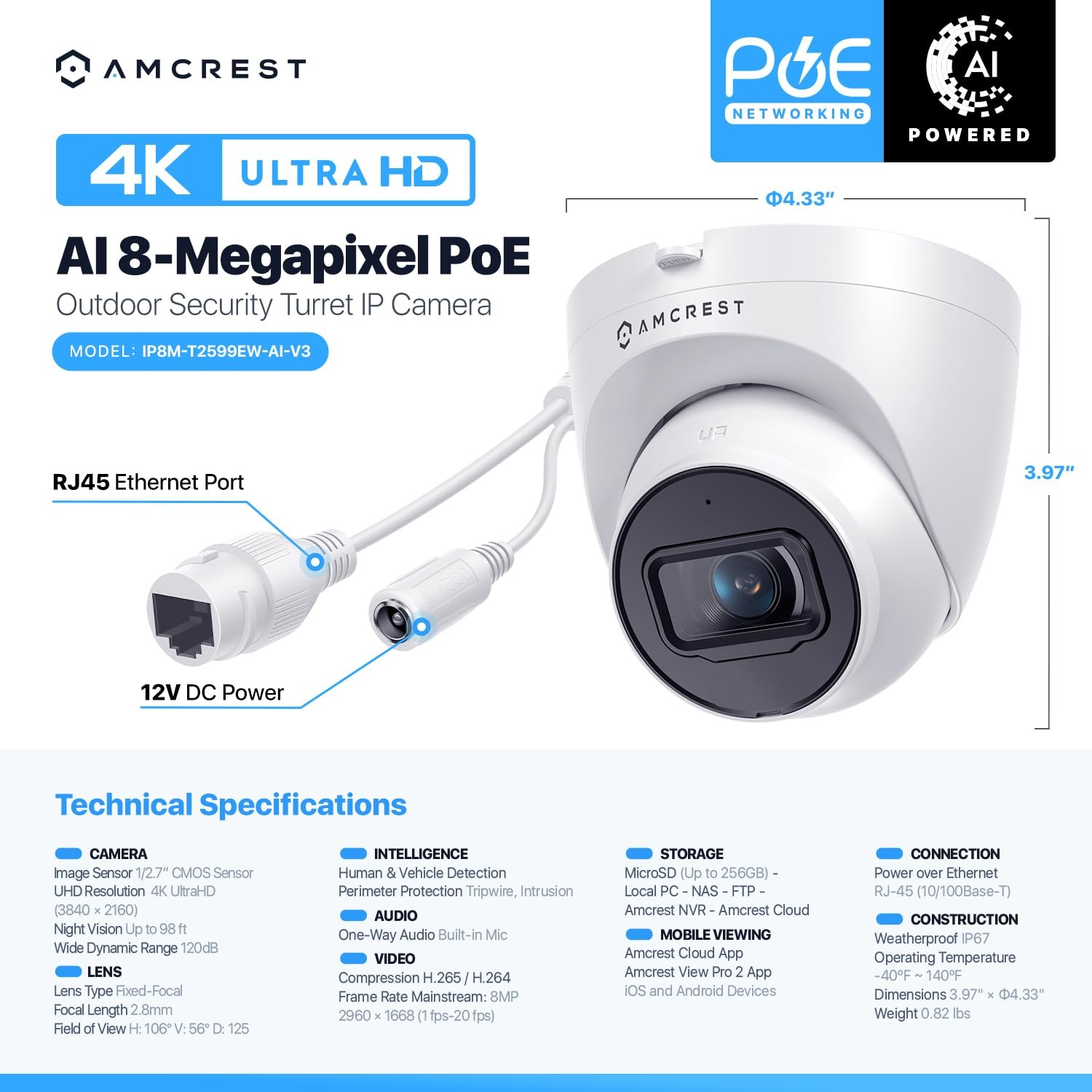 Amcrest UltraHD 4K (8MP) Outdoor Security IP Turret PoE Camera, 3840×2160, 98ft