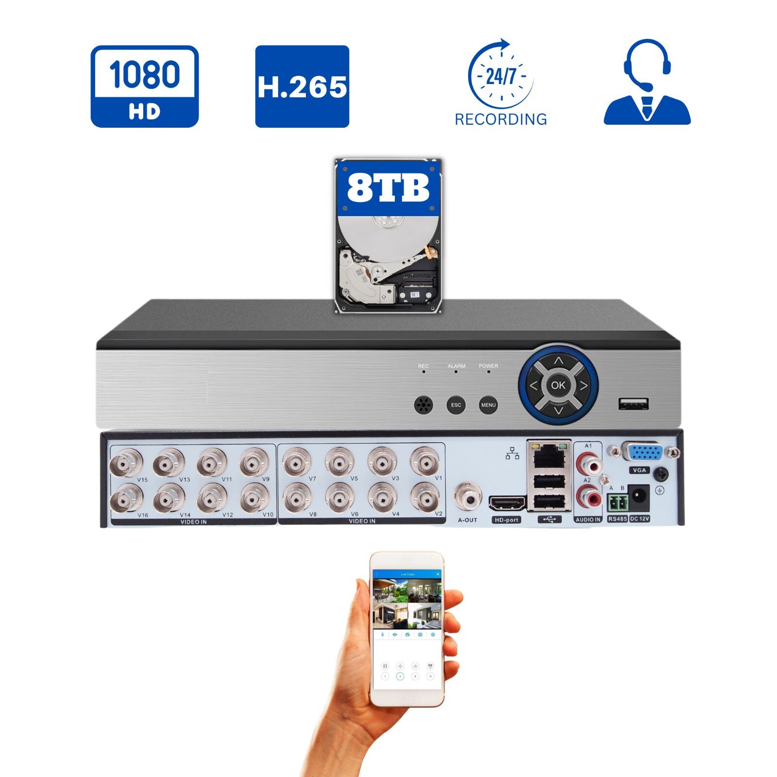 16 Channel H.265 Security DVR with 8TB Memory Storage for Surveillance Systems