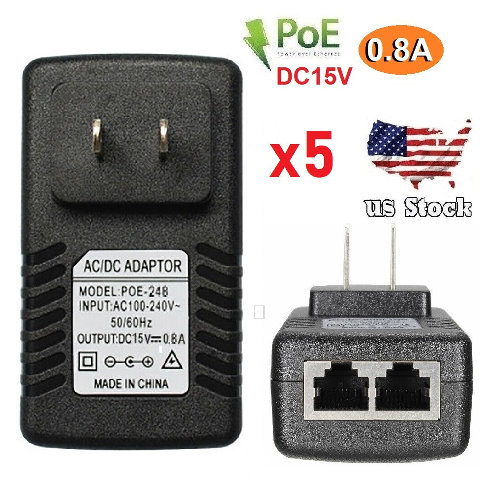 x5 15V 0.8A Wall Plug POE Injector Ethernet Adapter AC100V-240V Power Supply US