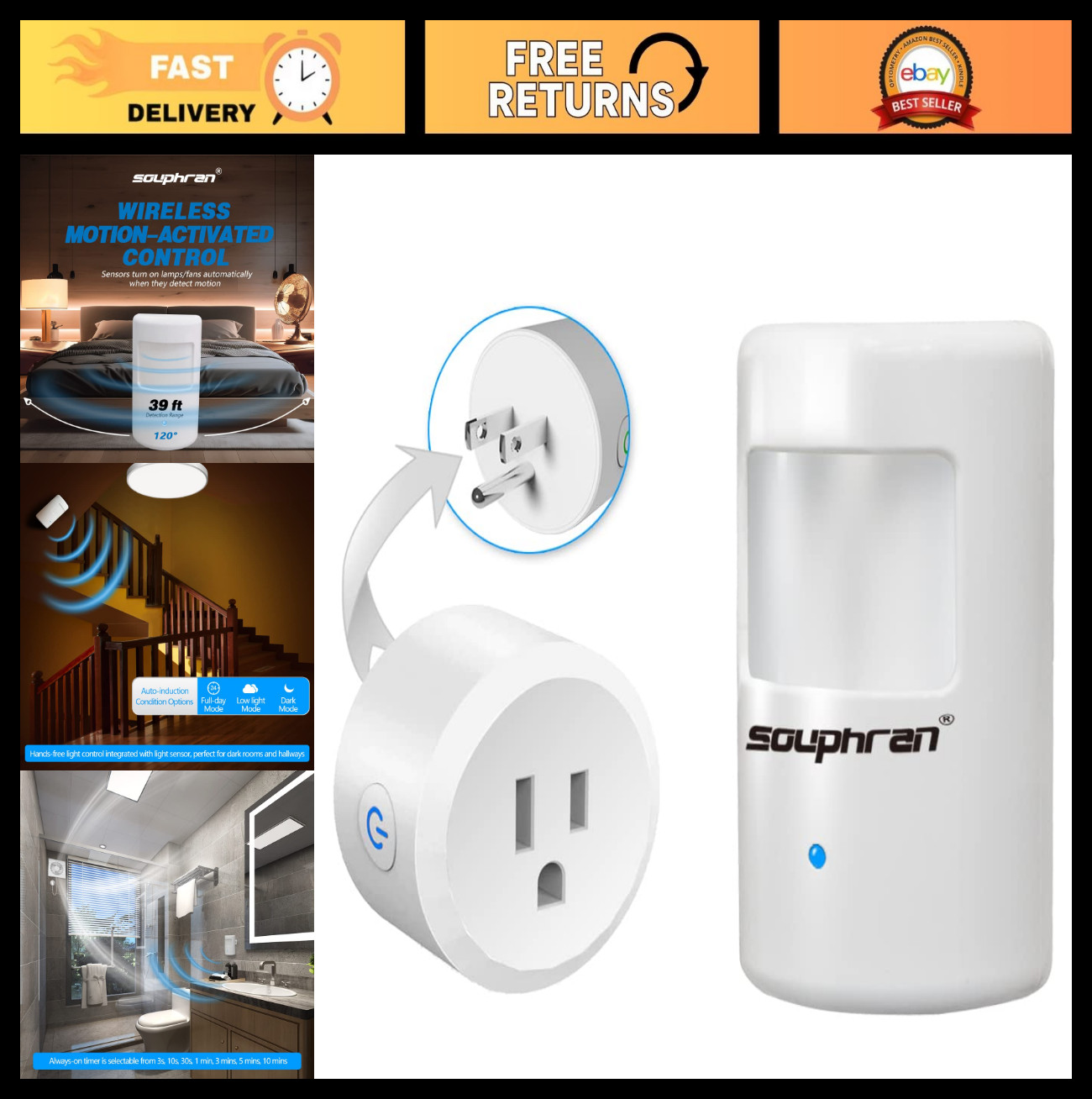 Wireless Motion Activated Light Control – Plug-in, 130 Ft Range, Adjustable Dete