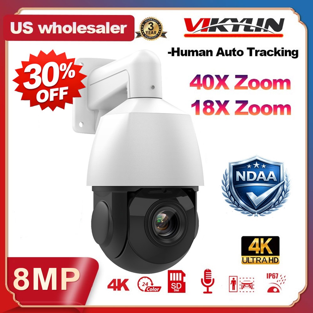 Vikylin 4K 8MP 40X 18X PTZ 360° IP Camera IR POE Mic Auto Tracking Outdoor NDAA