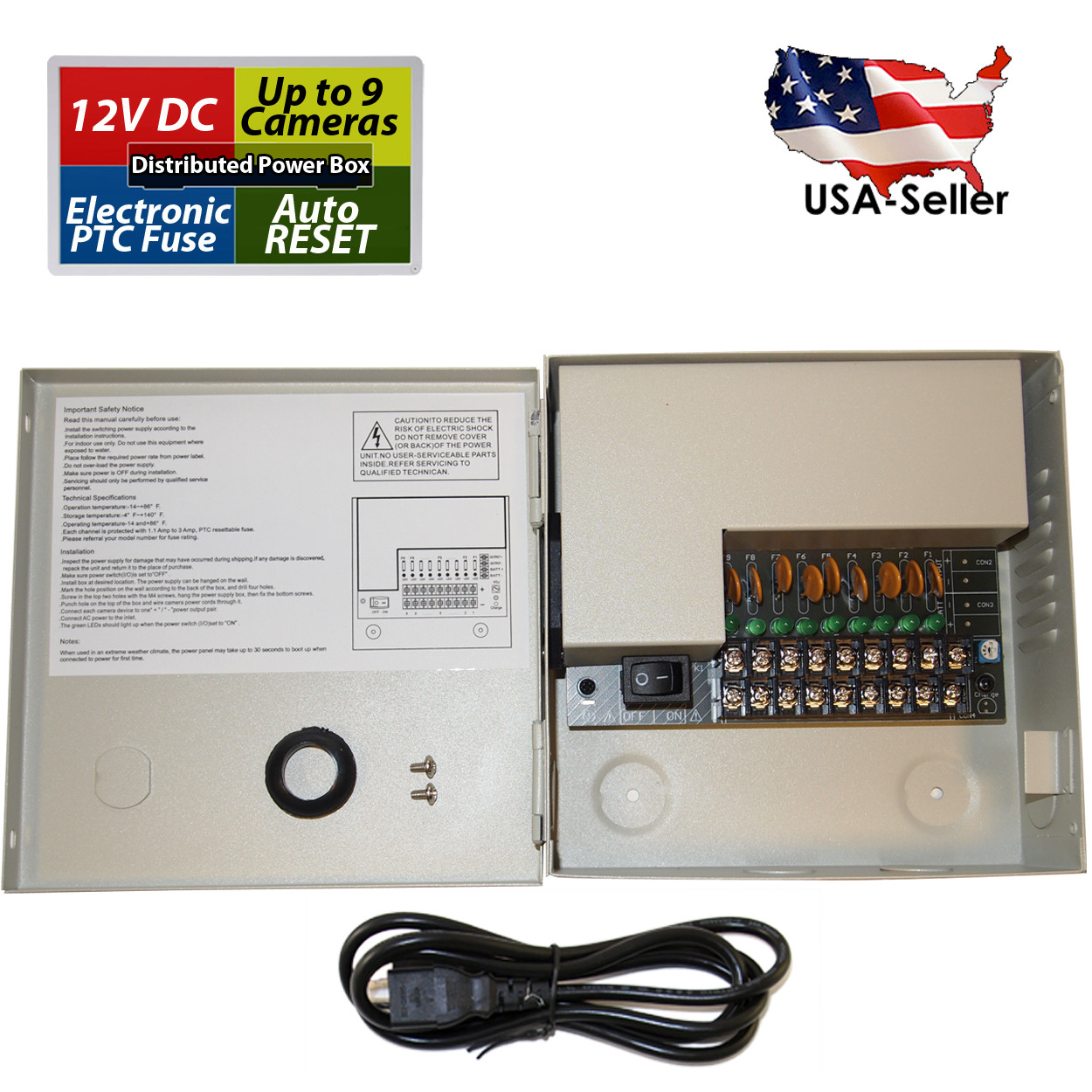 8 Channel 9 Port 12V DC 5 Amper 5A Security Camera CCTV Power Supply Metal Box