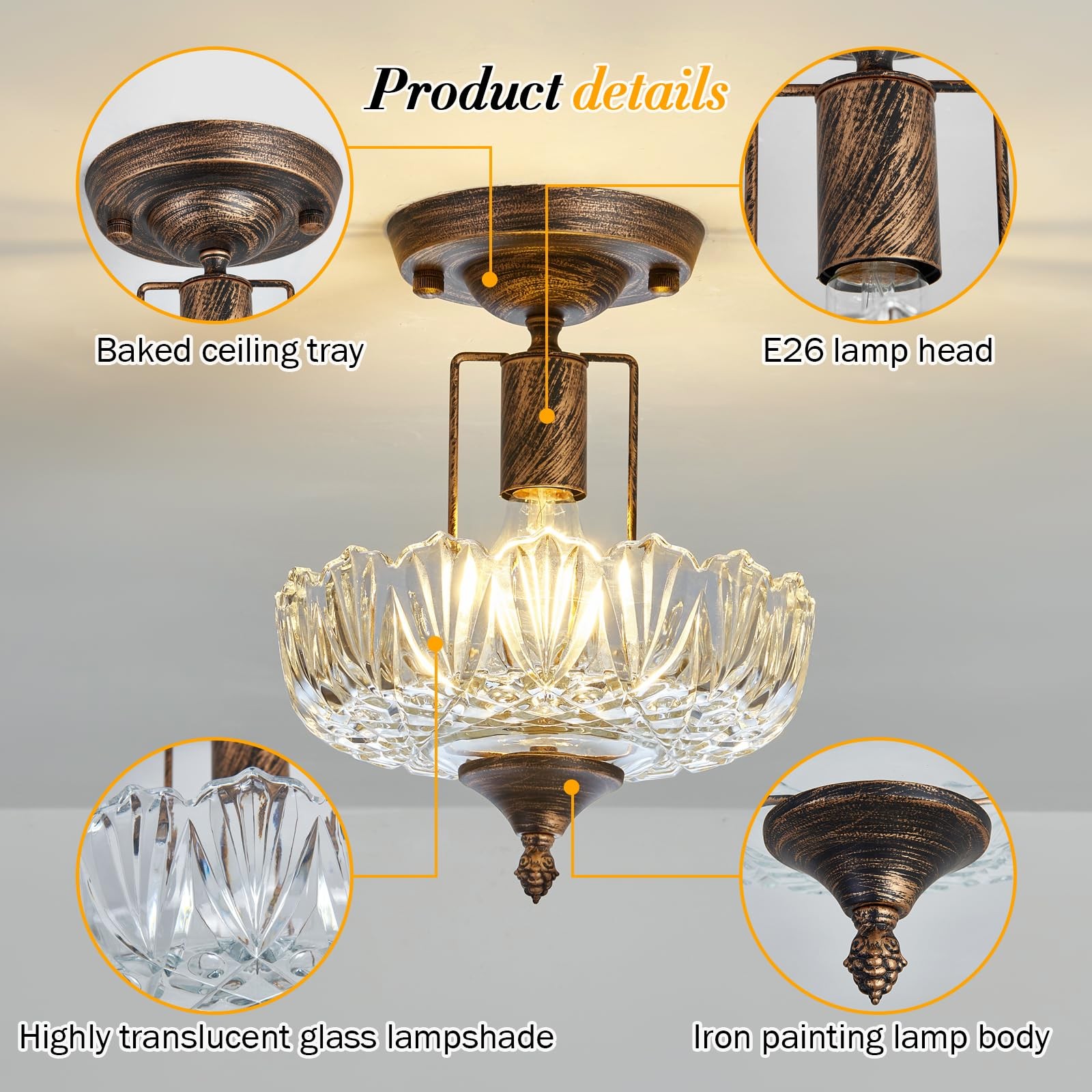 UOFUS Glass Ceiling Light Fixture Vintage Small Semi Flush Mount Bronze