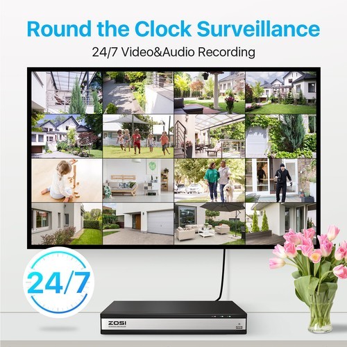 ZOSI 8CH/16CH 4K 8MP POE Security Camera System H.265+ AI Detect Audio 4TB HDD