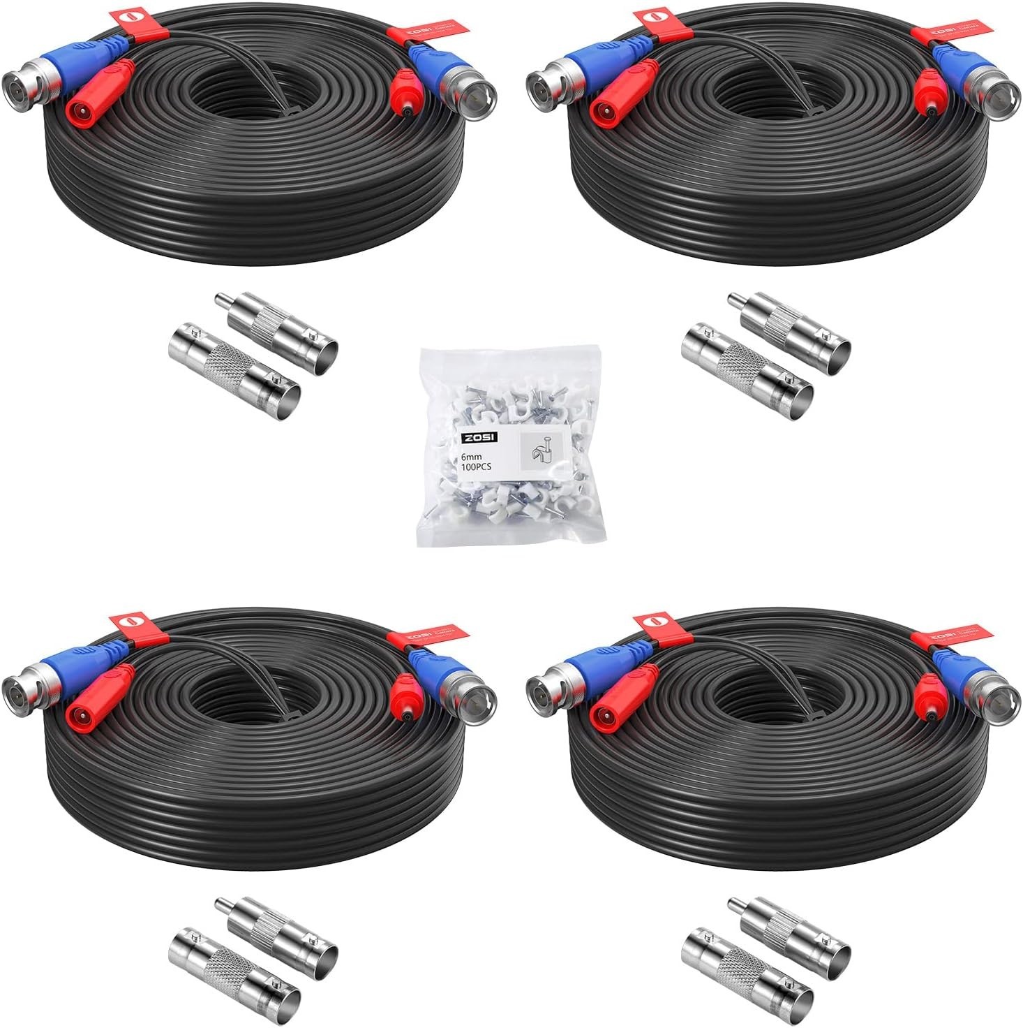 4 Pack 100ft 30 Meters 2-in-1 Video Power Cable BNC Extension Surveillance