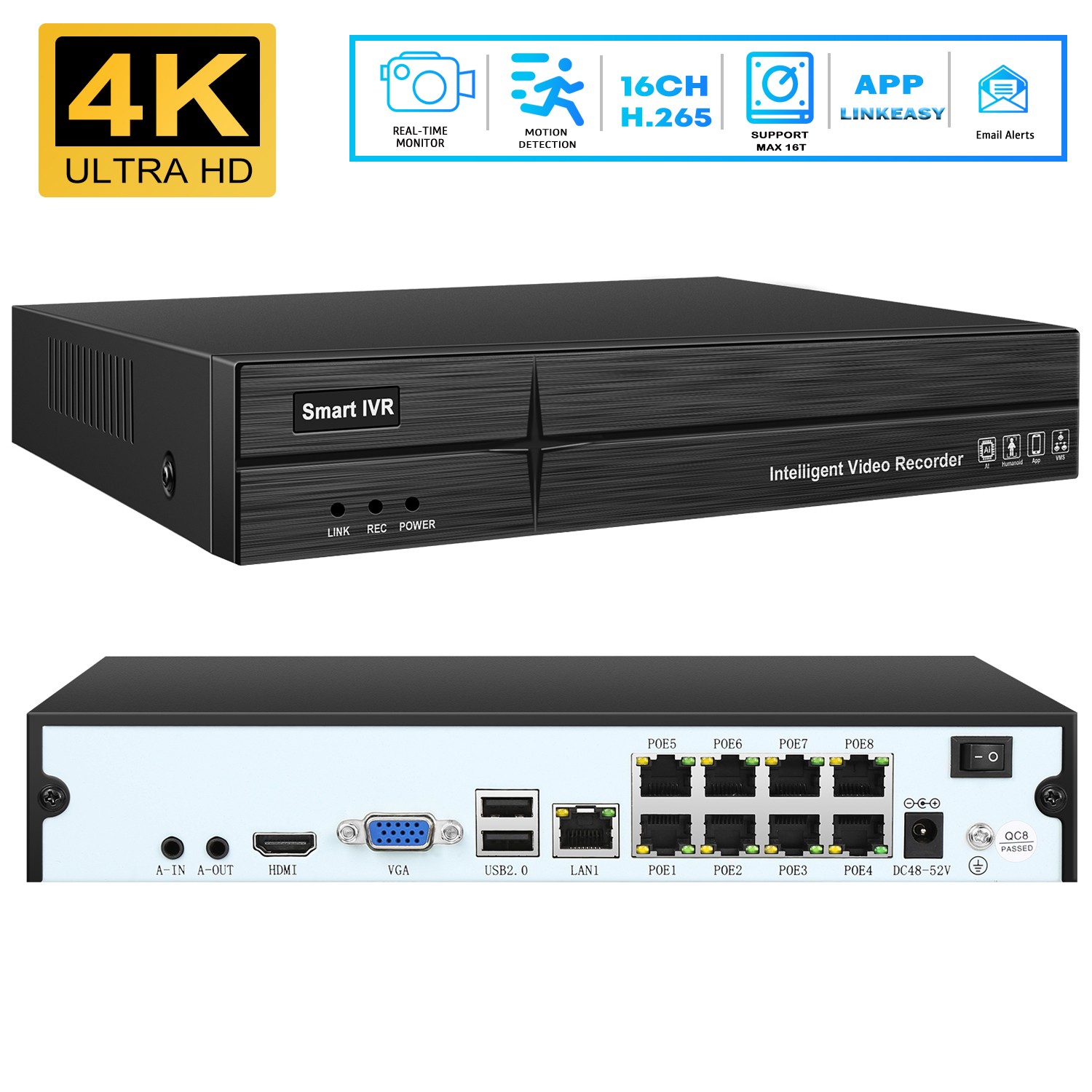16CH 8MP NVR PoE Network Video Recorder for Security IP Camera System( No HDD）