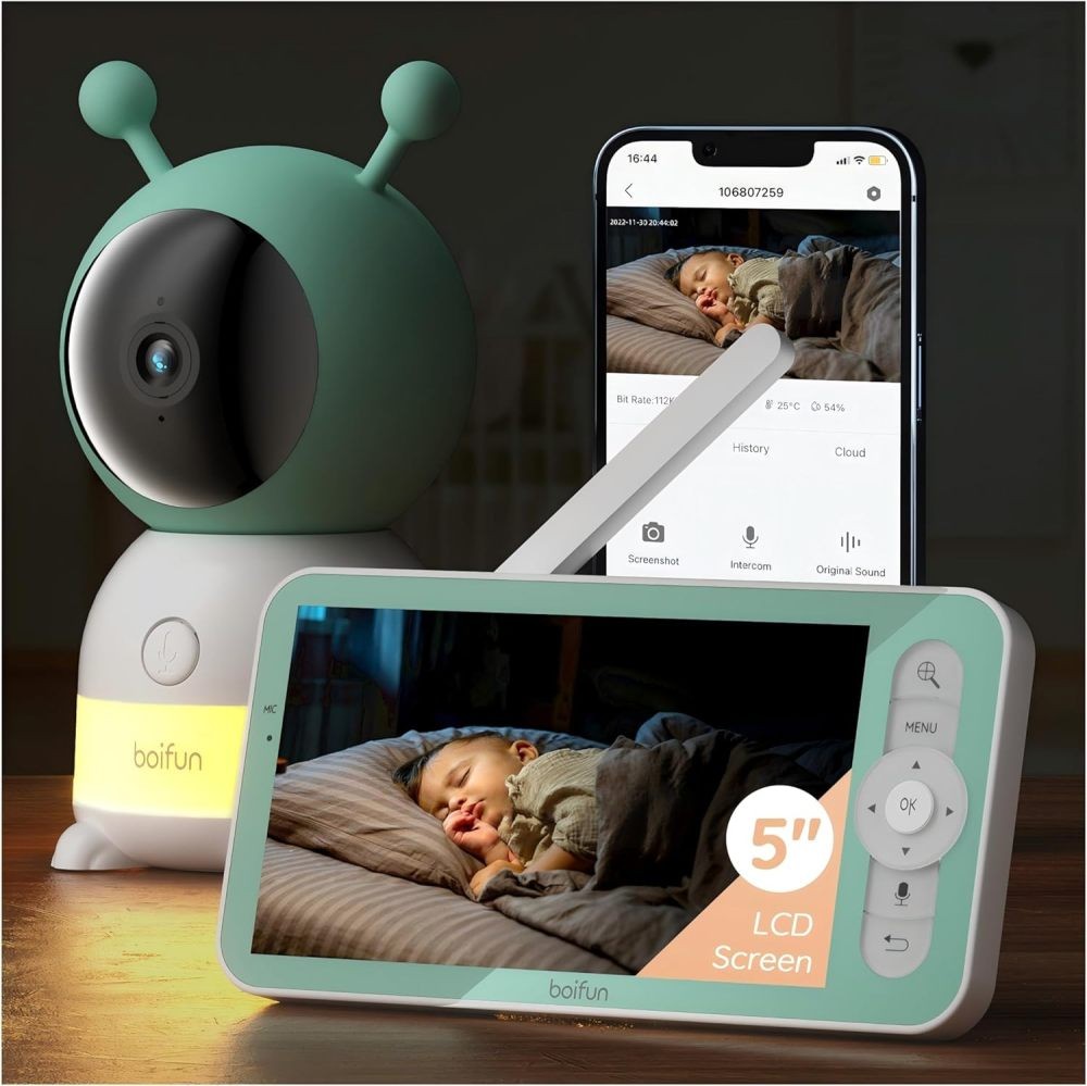2K WiFi Baby Monitor with Phone App, 5″ Screen, Smart Night Light Auto Tracking
