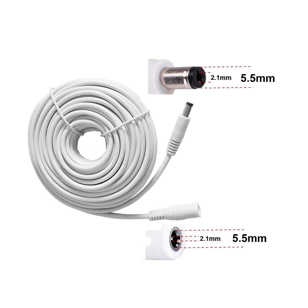 50ft 15M 12V DC Power Extension Cable, 5.5mm x 2.1mm, IP Camera, White, Cord