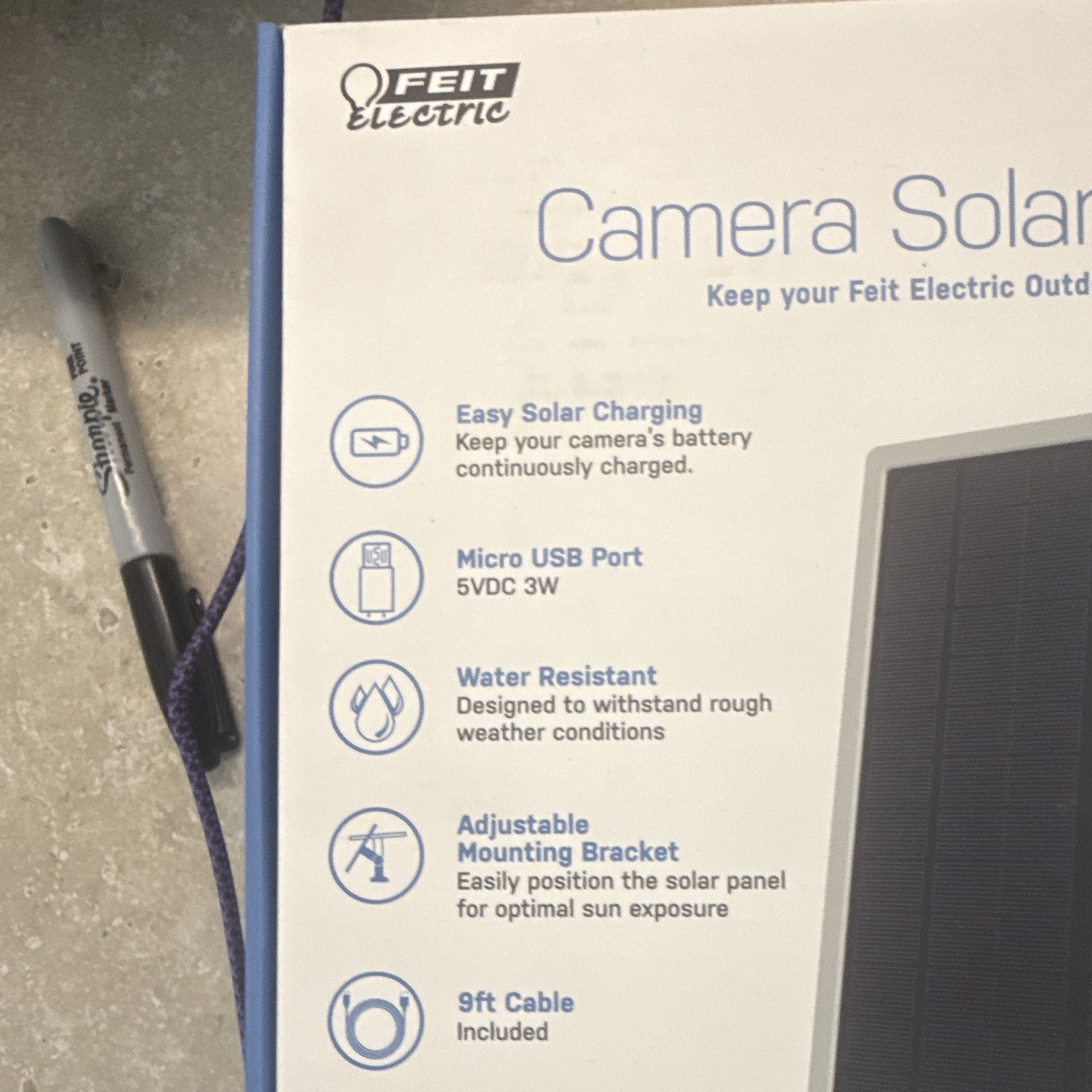 Feit Electric Camera Solar Panel Charger Micro USB 5V 3W Water Resistant