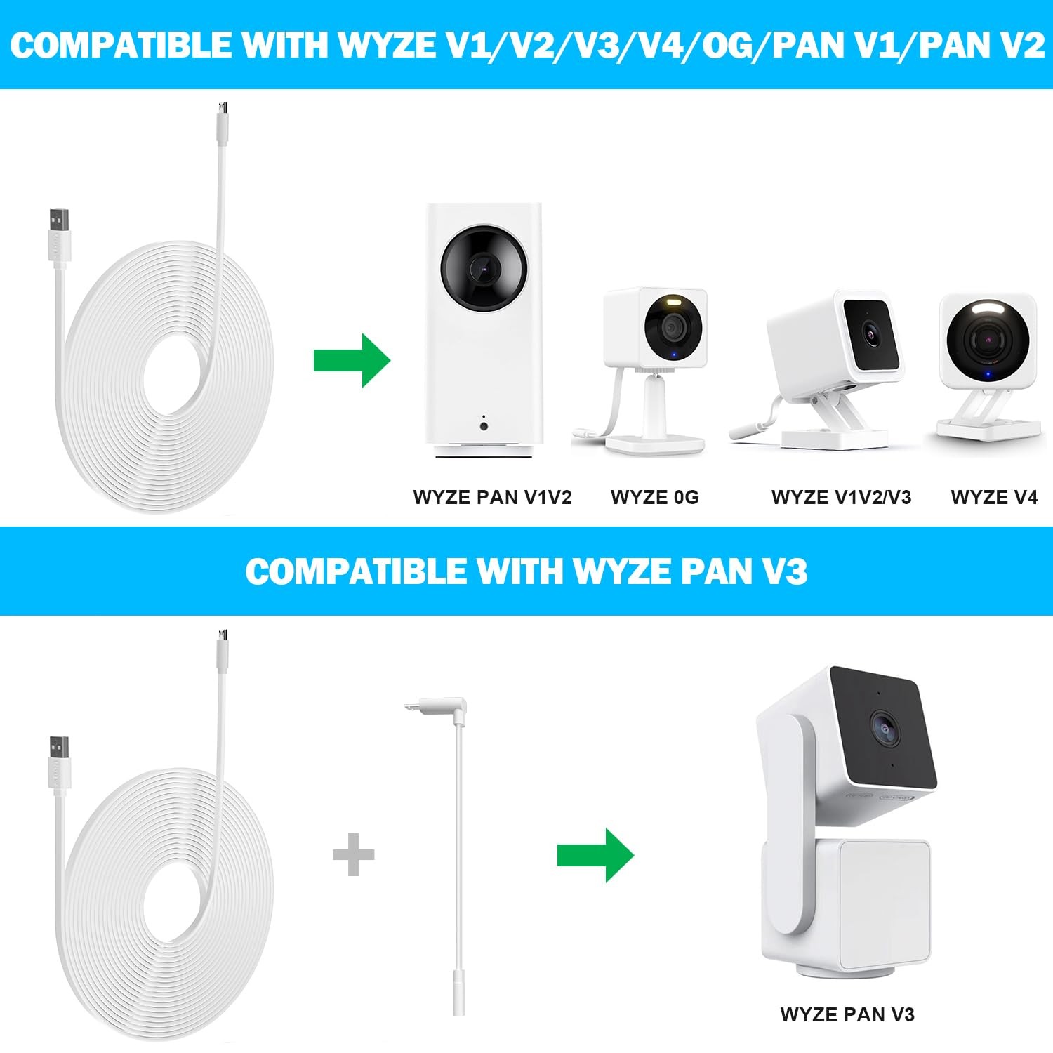 2 Pack 30FT Power Extension Cable Compatible with Wyze Cam v4/v3/OG,Wyze Cam …