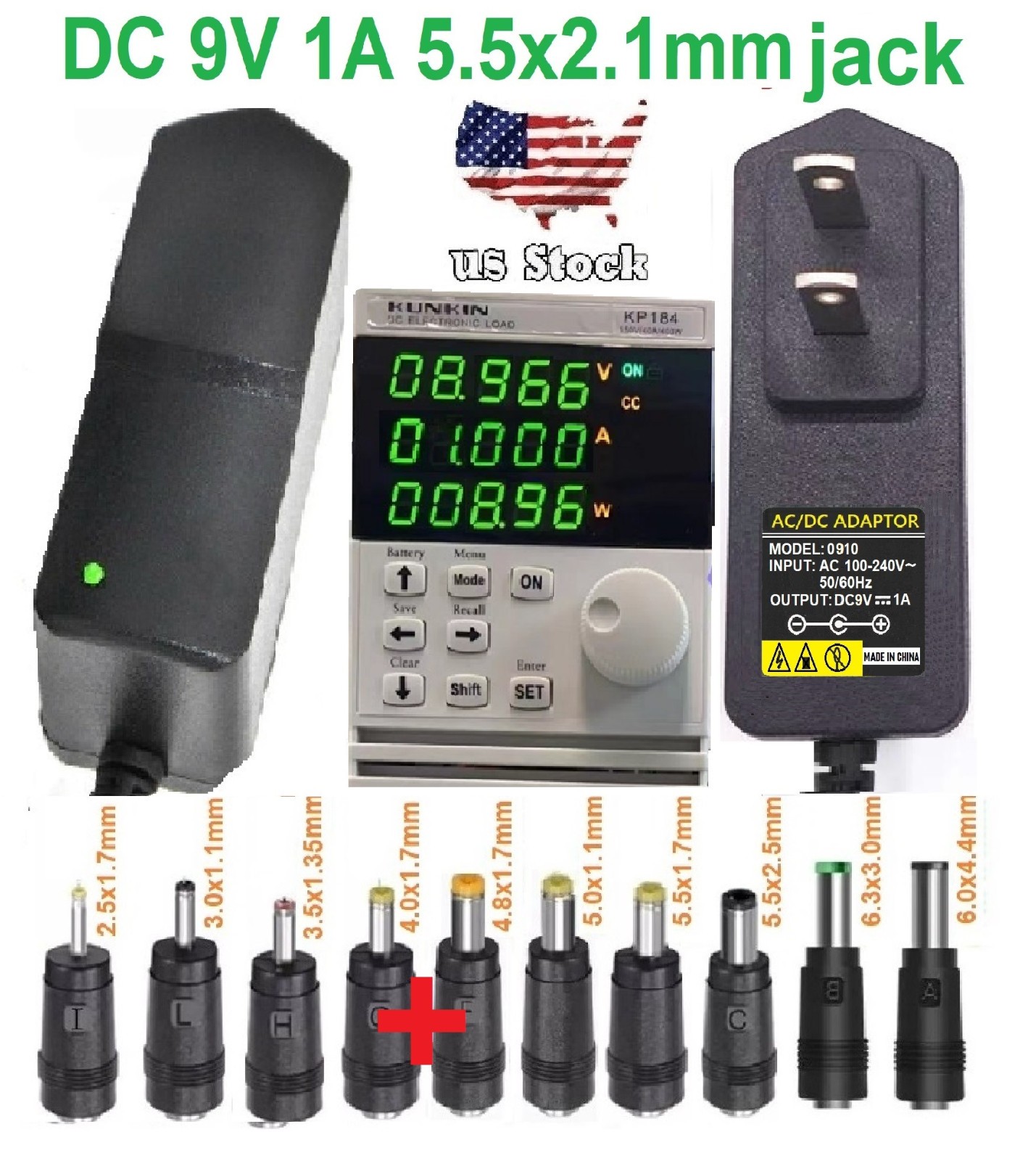 AC 100-240V to DC 9V 1A Power Supply Adapter Charger with 10 Sizes DC Plug Tips