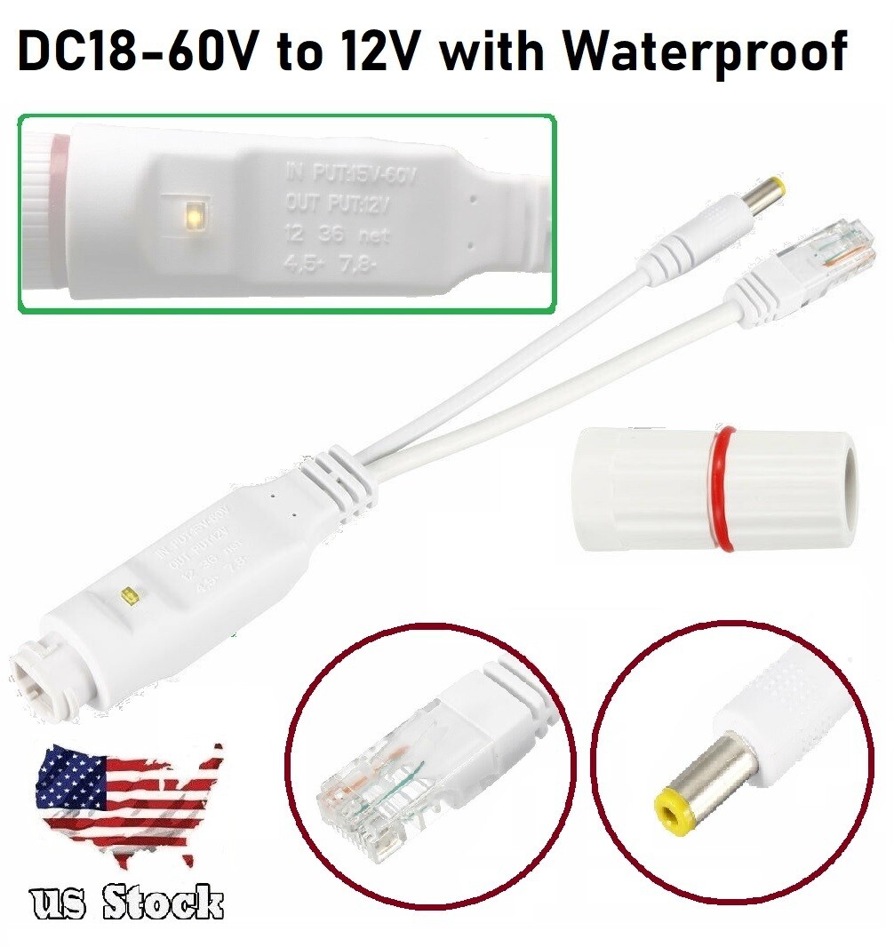 POE Splitter Waterproof Power Over Ethernet Splitter Adapter DC 18-60V to 12V